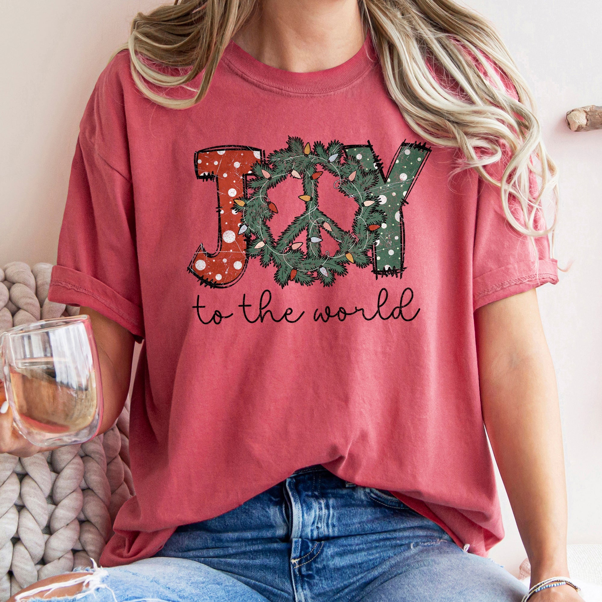 Joy To The World Peace Wreath Christmas Vintage Inspired Seasonal Edition Comfort Colors Tee