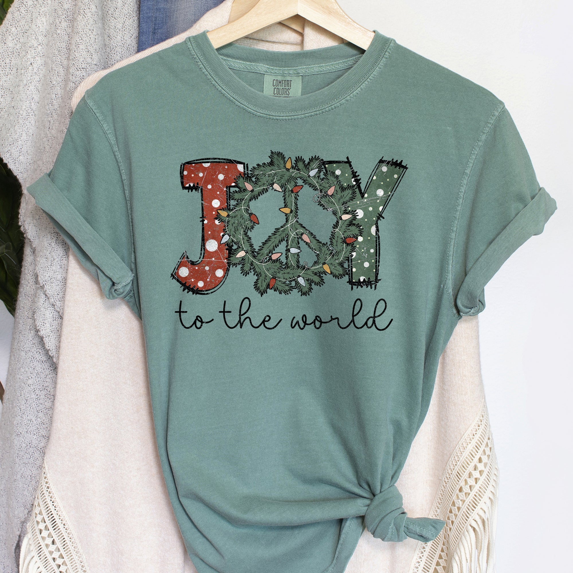 Joy To The World Peace Wreath Christmas Vintage Inspired Seasonal Edition Comfort Colors Tee