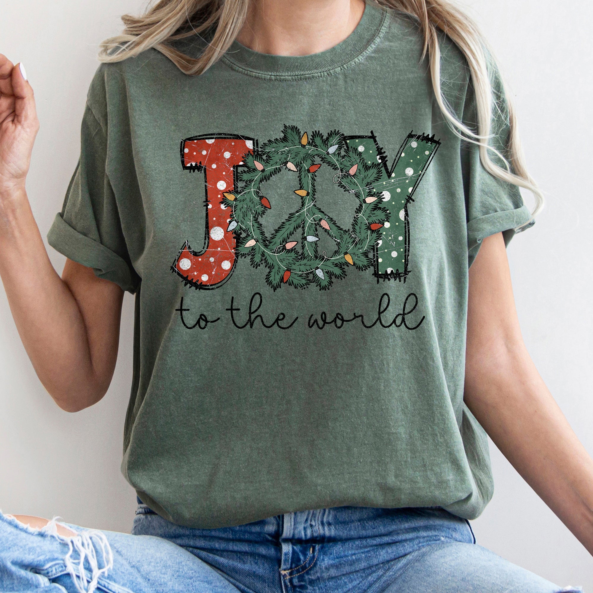 Joy To The World Peace Wreath Christmas Vintage Inspired Seasonal Edition Comfort Colors Tee
