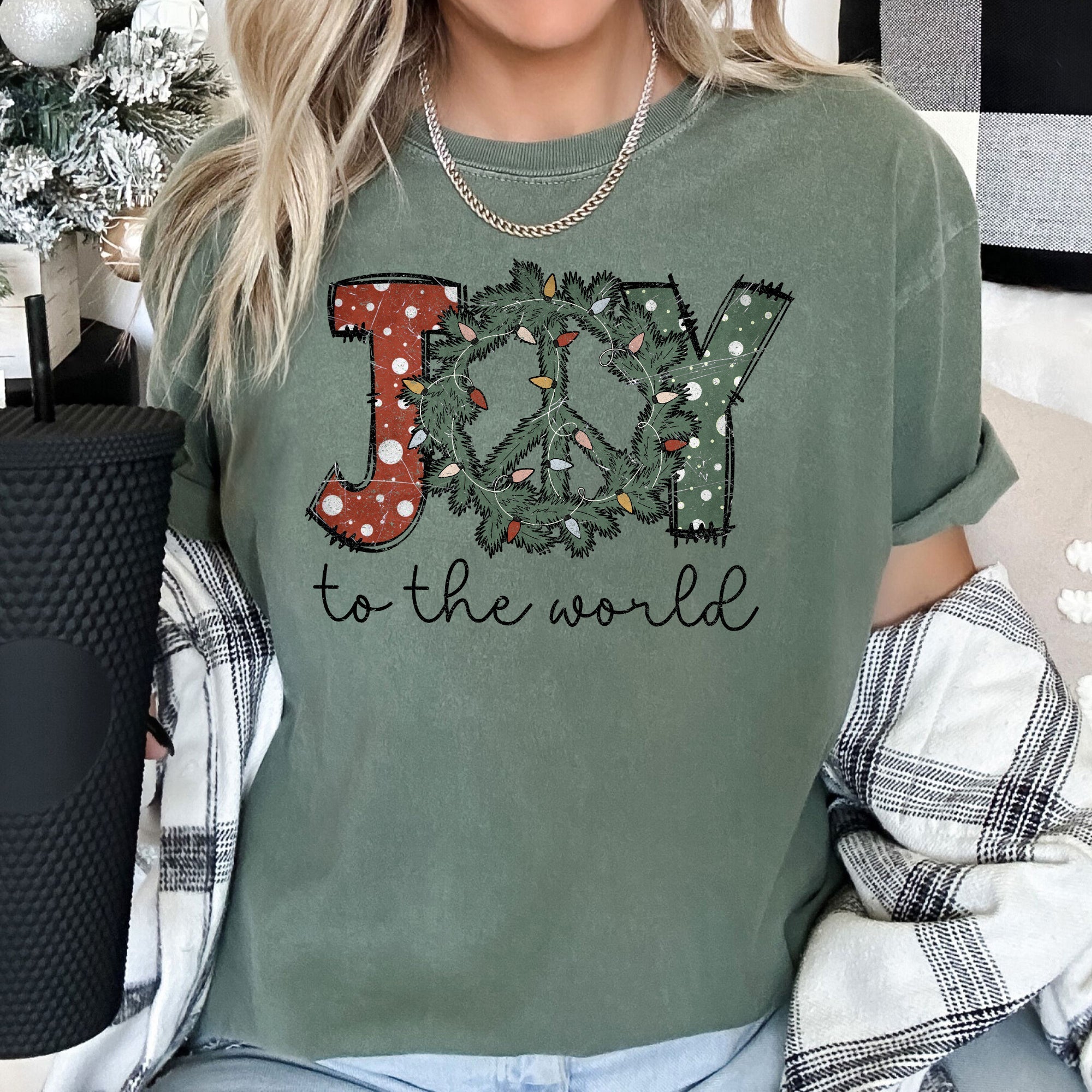 Joy To The World Peace Wreath Christmas Vintage Inspired Seasonal Edition Comfort Colors Tee