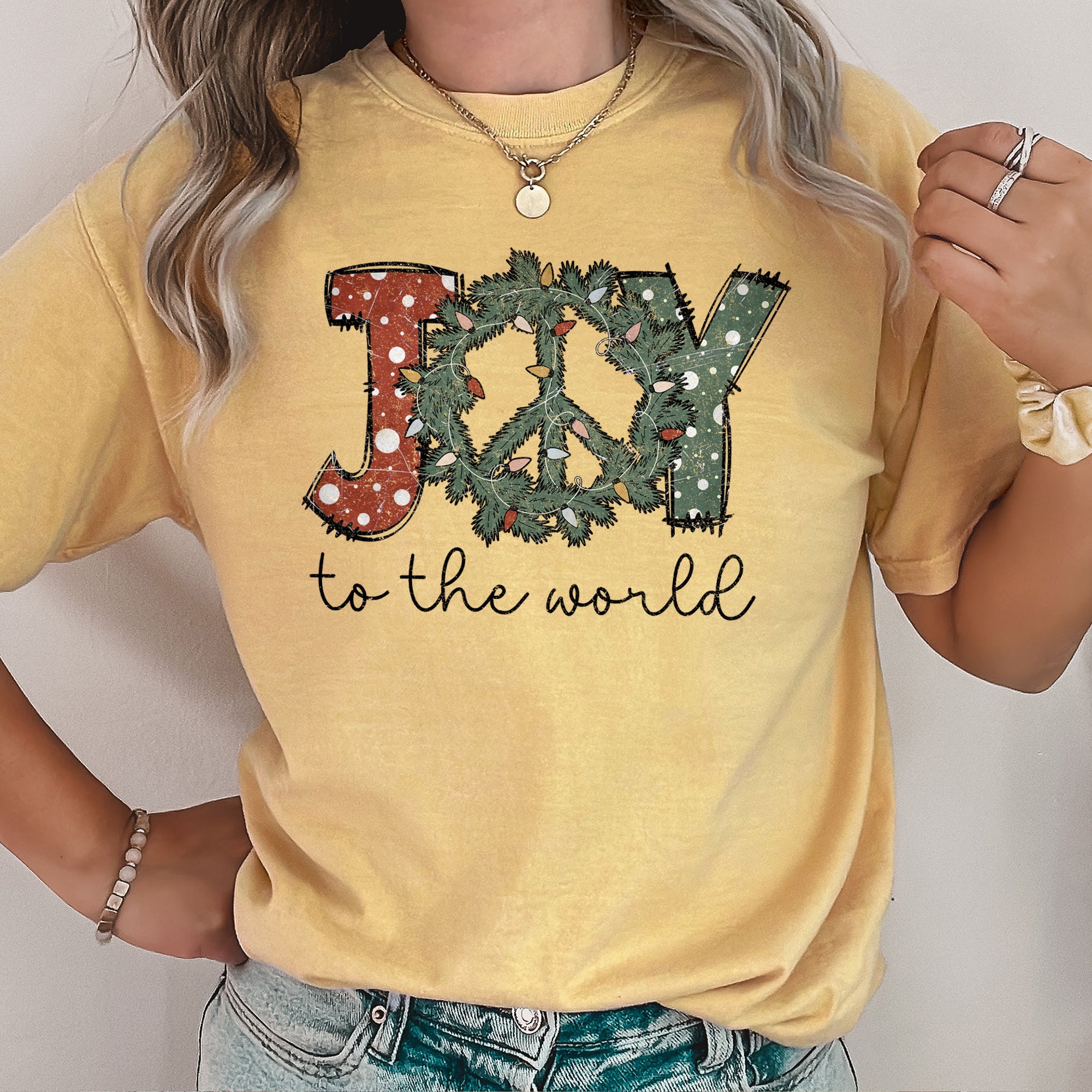 Joy To The World Peace Wreath Christmas Vintage Inspired Seasonal Edition Comfort Colors Tee
