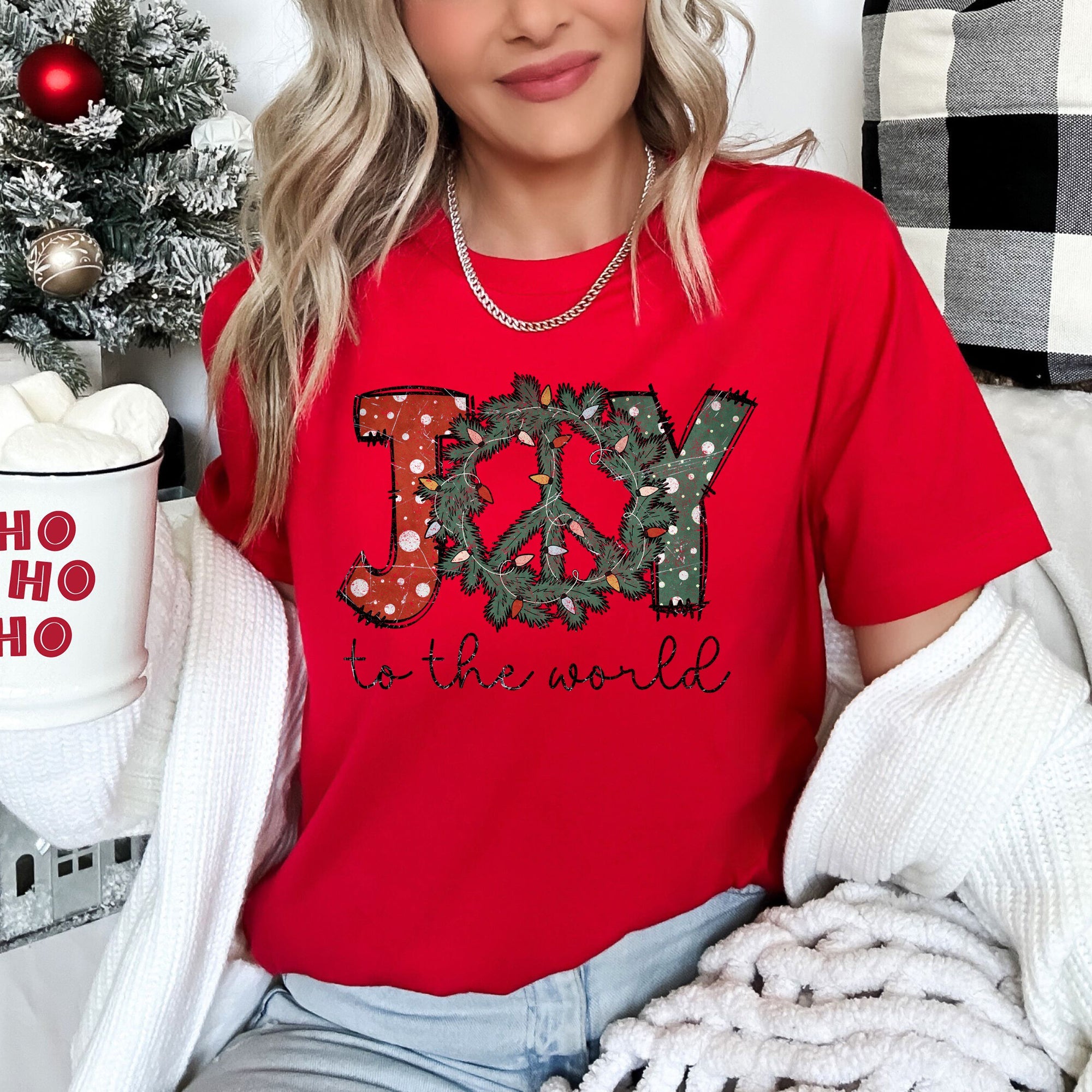 Joy To The World, Peace Wreath, Christmas Edition Classic Holiday Cheer Script Logo Design Artwork Graphic Tee