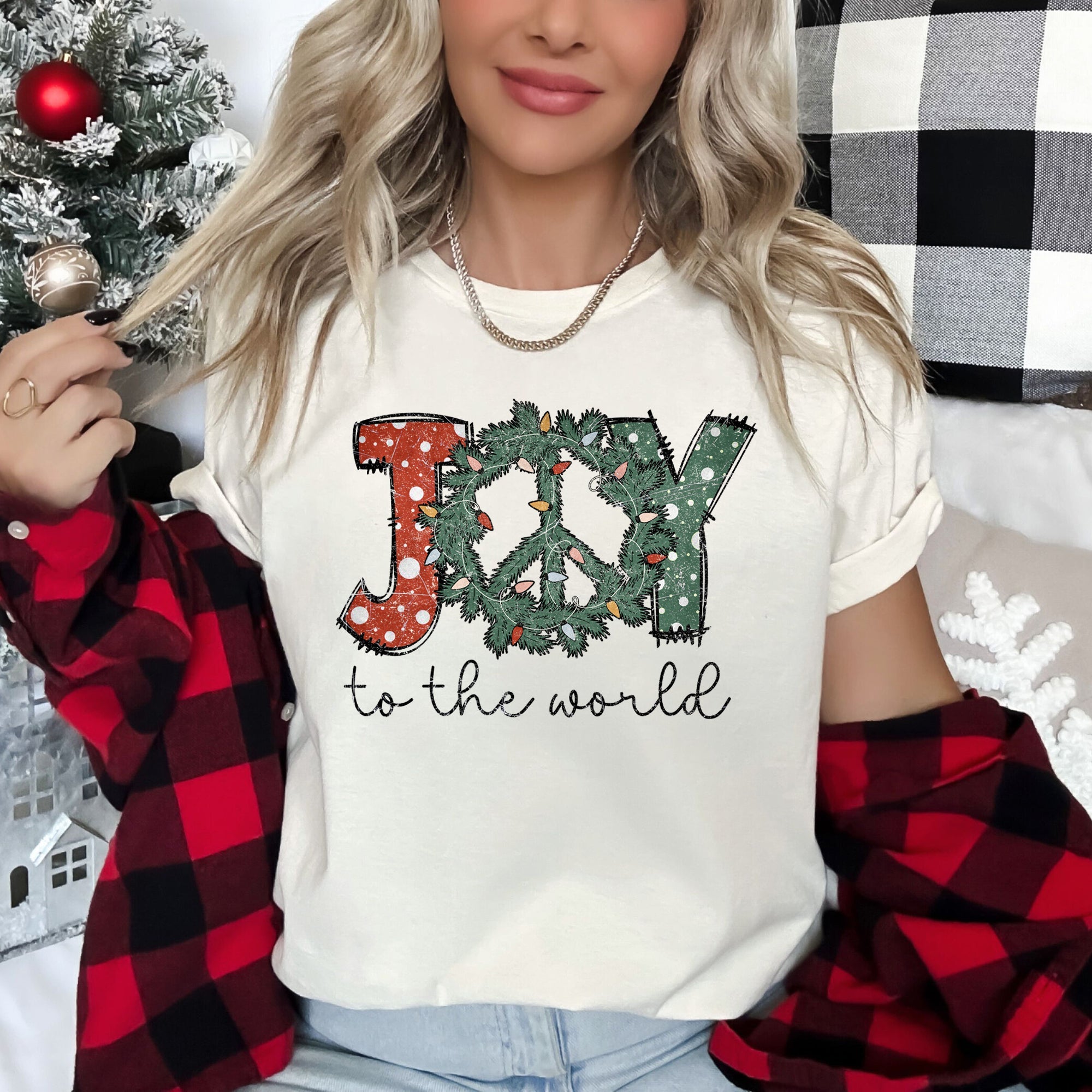 Joy To The World, Peace Wreath, Christmas Edition Classic Holiday Cheer Script Logo Design Artwork Graphic Tee