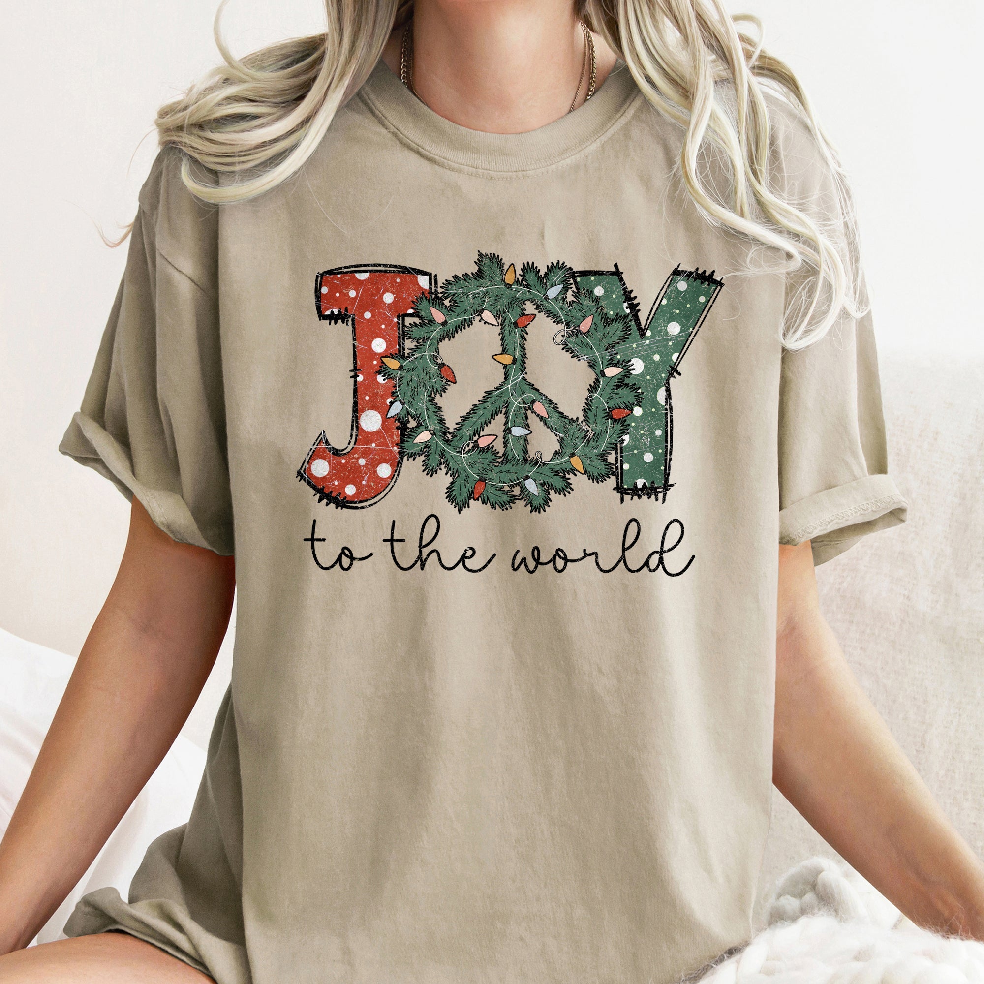 Joy To The World Peace Wreath Christmas Vintage Inspired Seasonal Edition Comfort Colors Tee