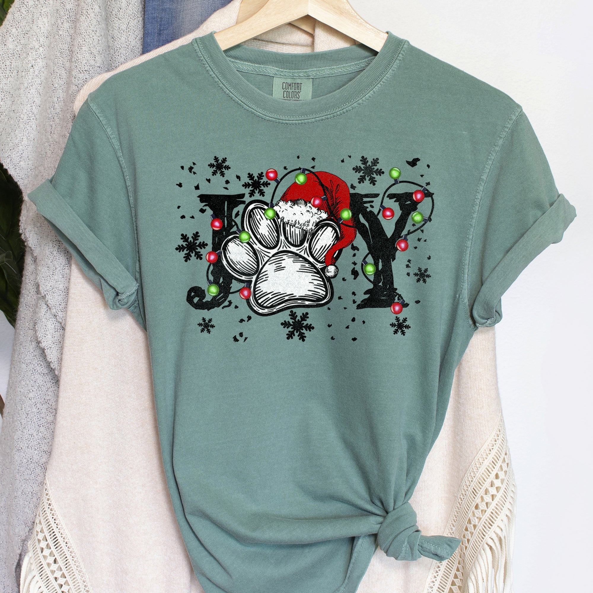 Joyful Christmas Dog Paw Print Design For Seasonal Joy And Cozy Family Moments Comfort Colors Tee