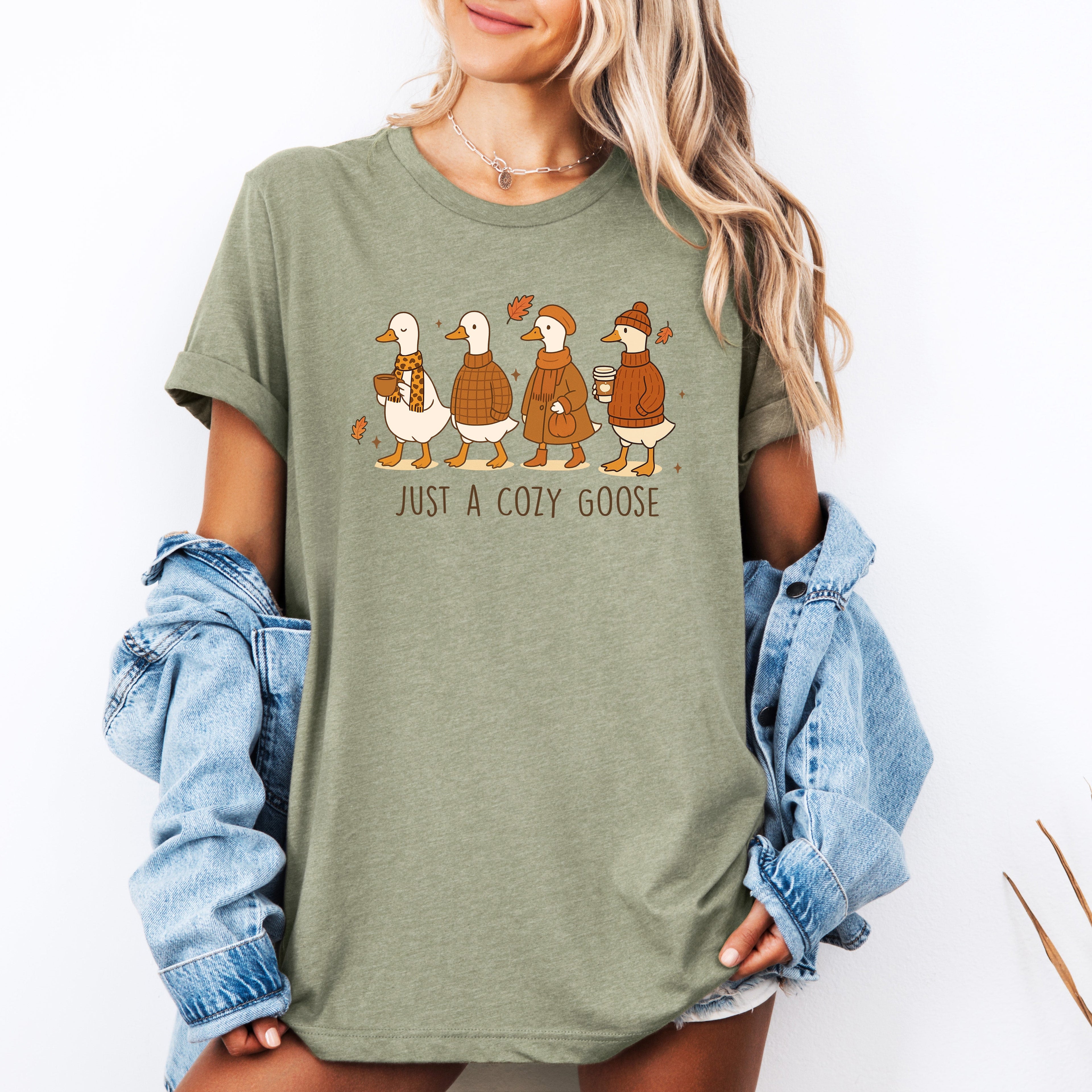 Just A Cozy Goose Autumn Harvest Pumpkin Spice Cozy Seasonal Fall Collection Graphic Tee