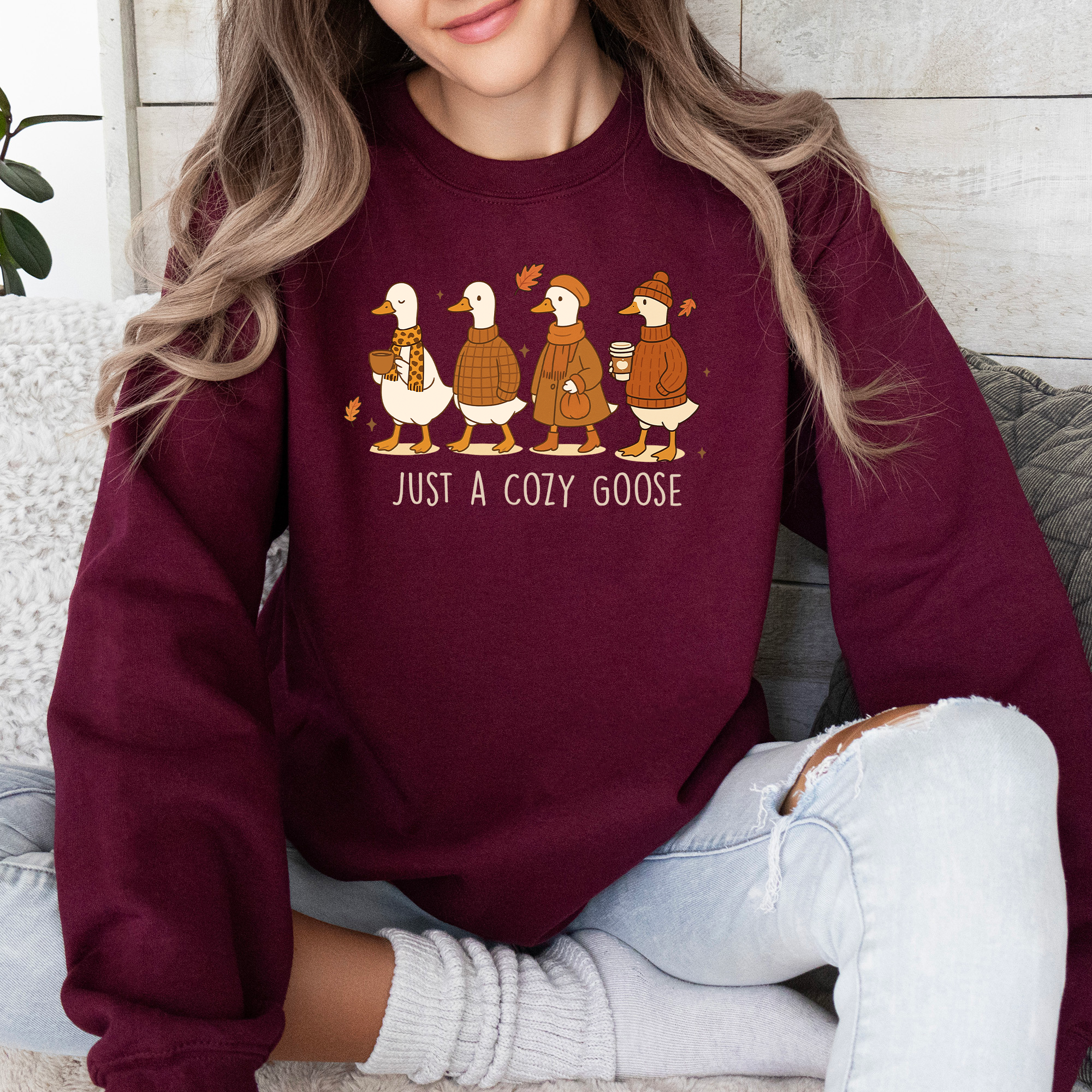 Just A Cozy Goose Autumn Floral Sunflower Pumpkin Spice Cozy Fleece Seasonal Sweatshirt