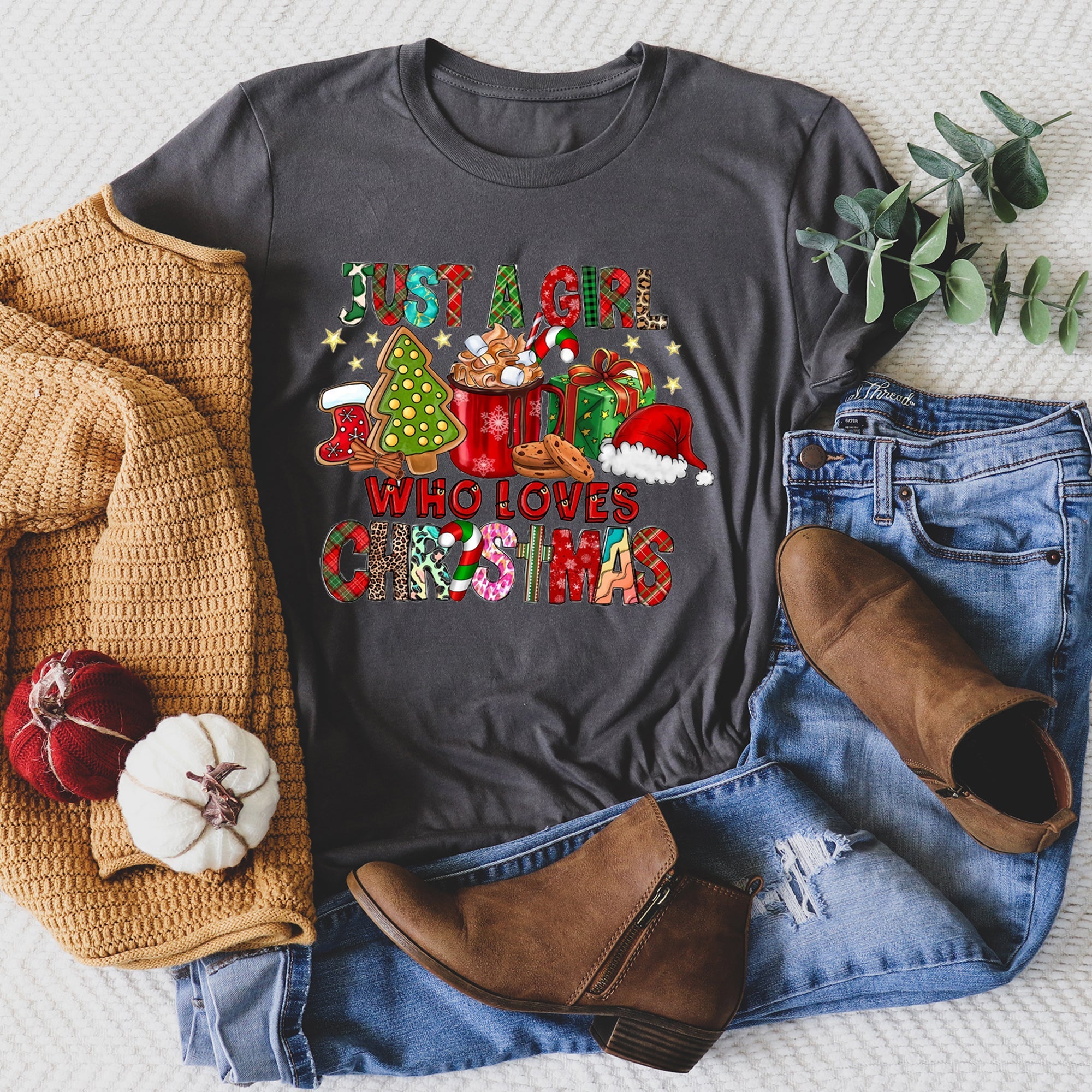 Just A Girl Who Lives Christmas Santa Hot Chocolate Coffee Festive Mood Graphic Tee