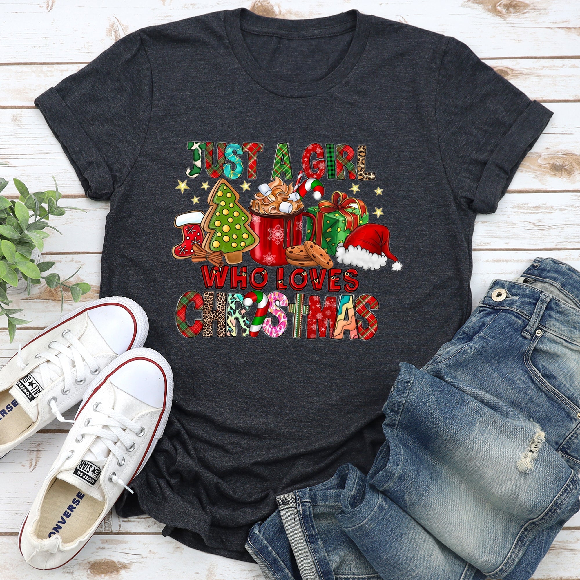 Just A Girl Who Lives Christmas Santa Hot Chocolate Coffee Festive Mood Graphic Tee