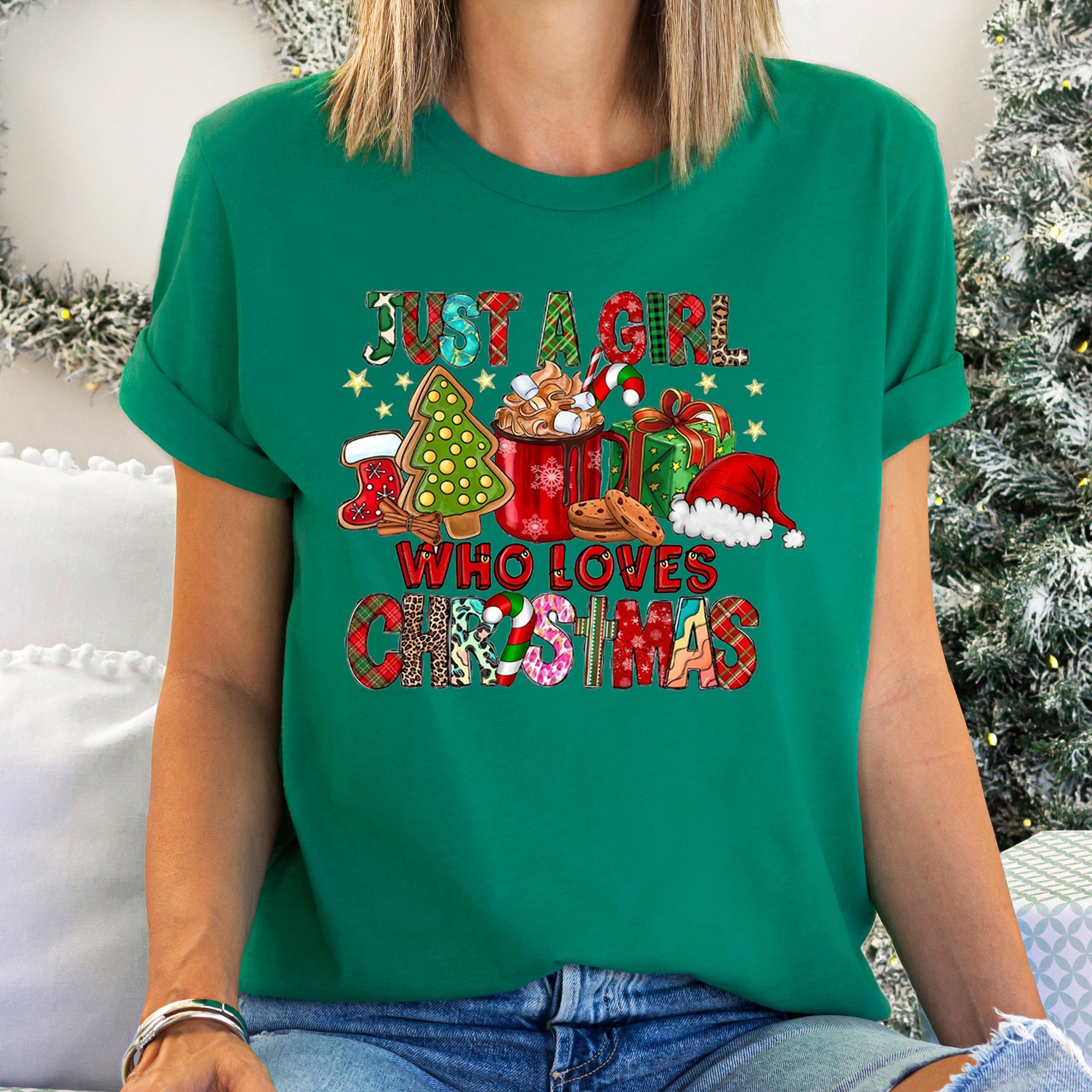 Just A Girl Who Lives Christmas Santa Hot Chocolate Coffee Festive Mood Graphic Tee