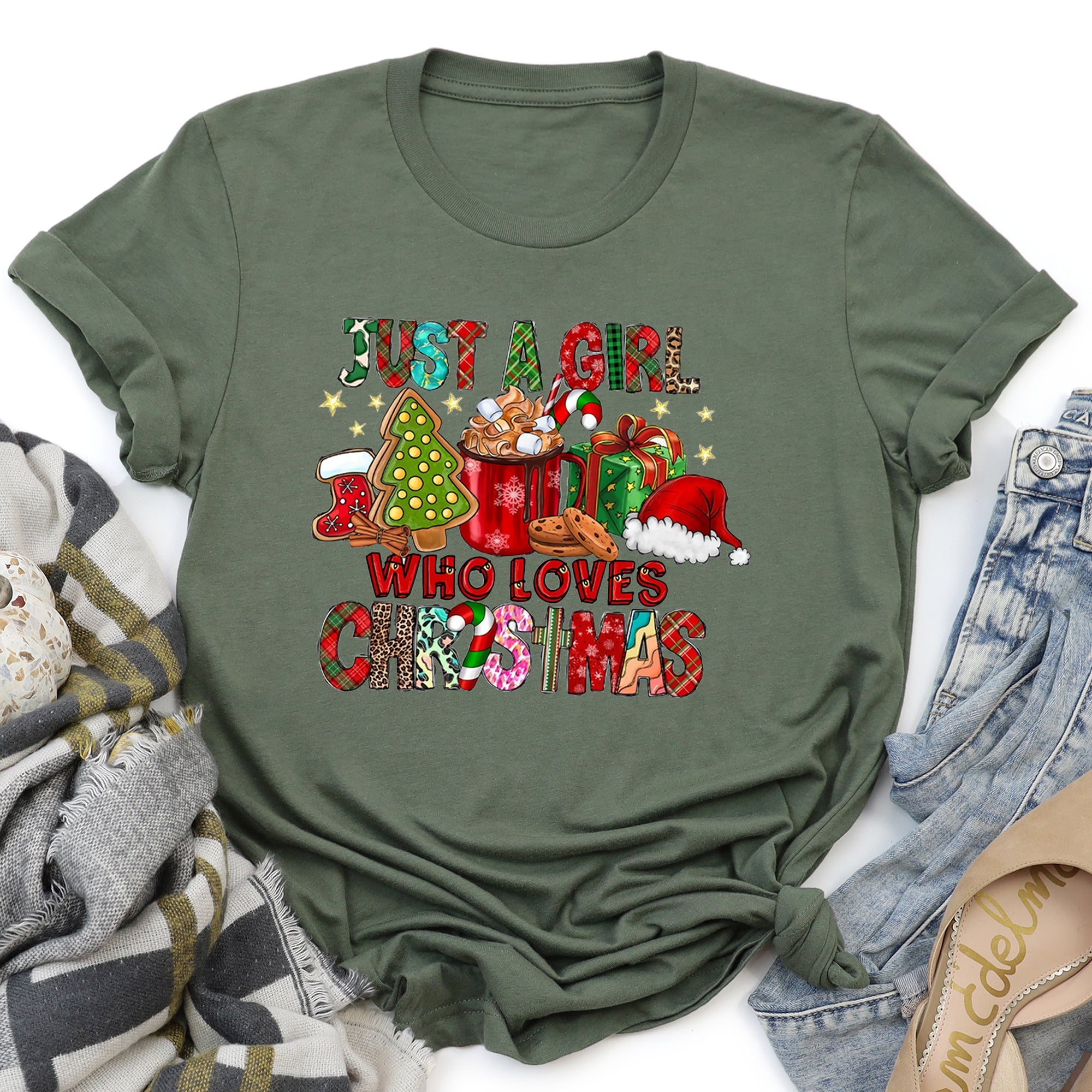 Just A Girl Who Lives Christmas Santa Hot Chocolate Coffee Festive Mood Graphic Tee