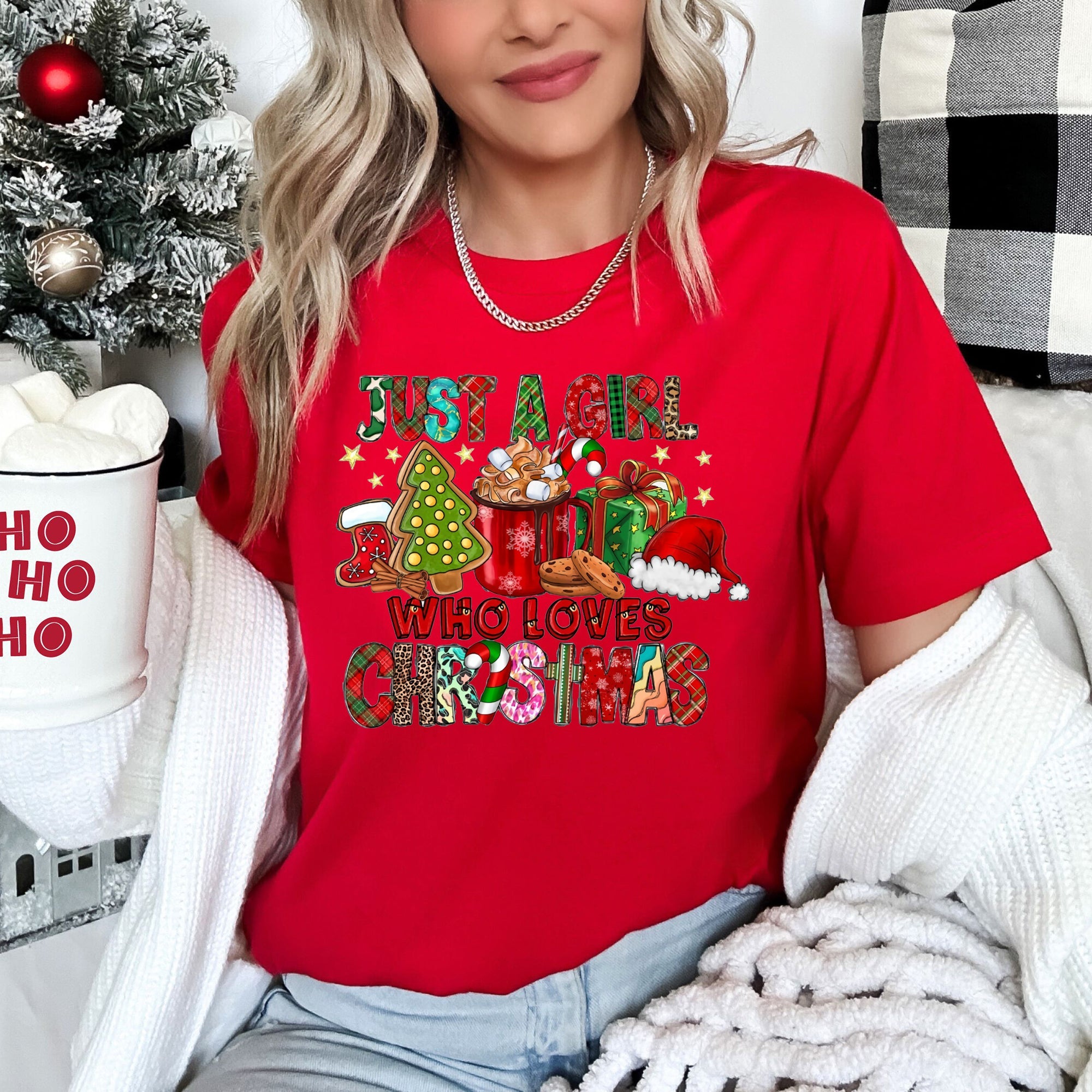 Just A Girl Who Lives Christmas Santa Hot Chocolate Coffee Festive Mood Graphic Tee