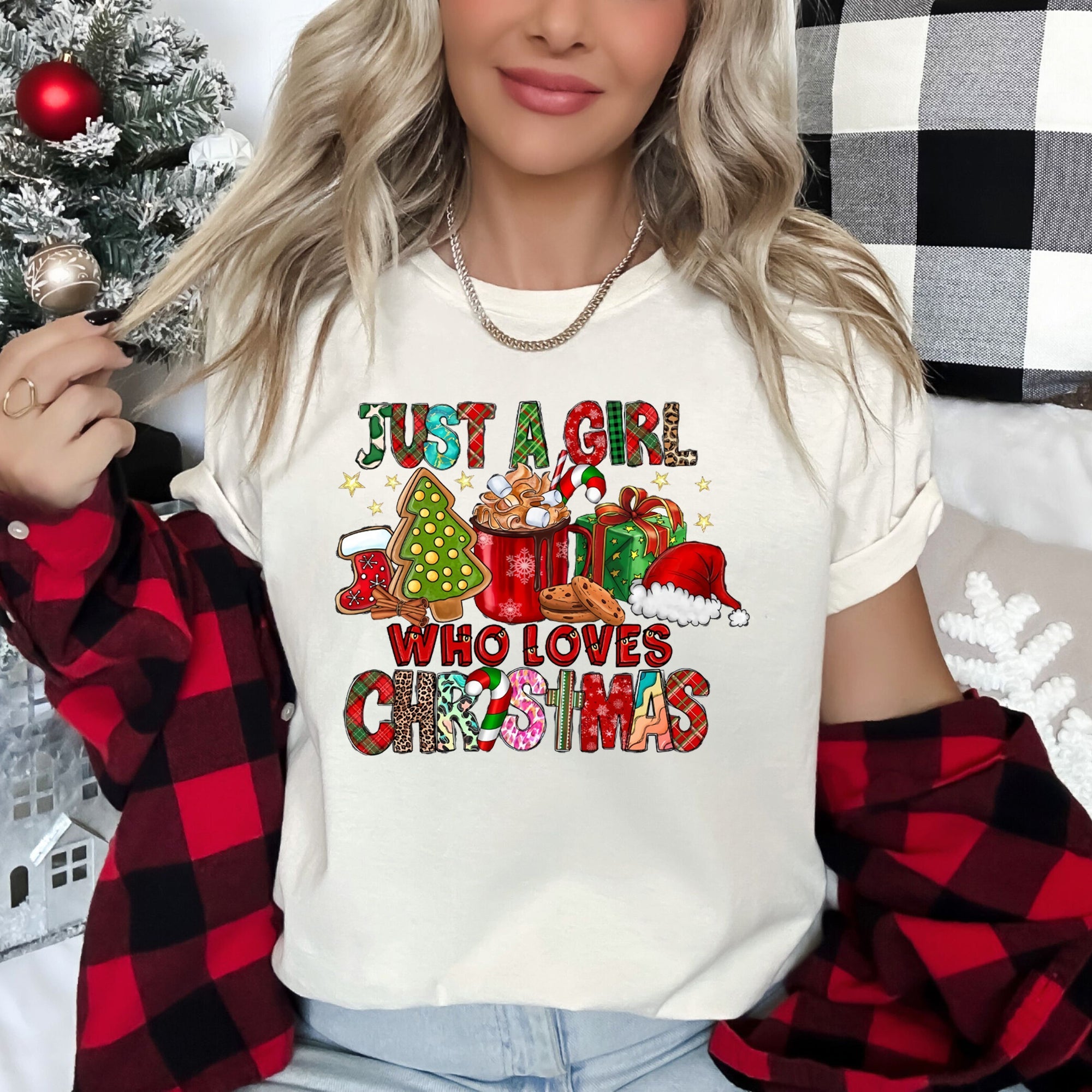 Just A Girl Who Lives Christmas Santa Hot Chocolate Coffee Festive Mood Graphic Tee