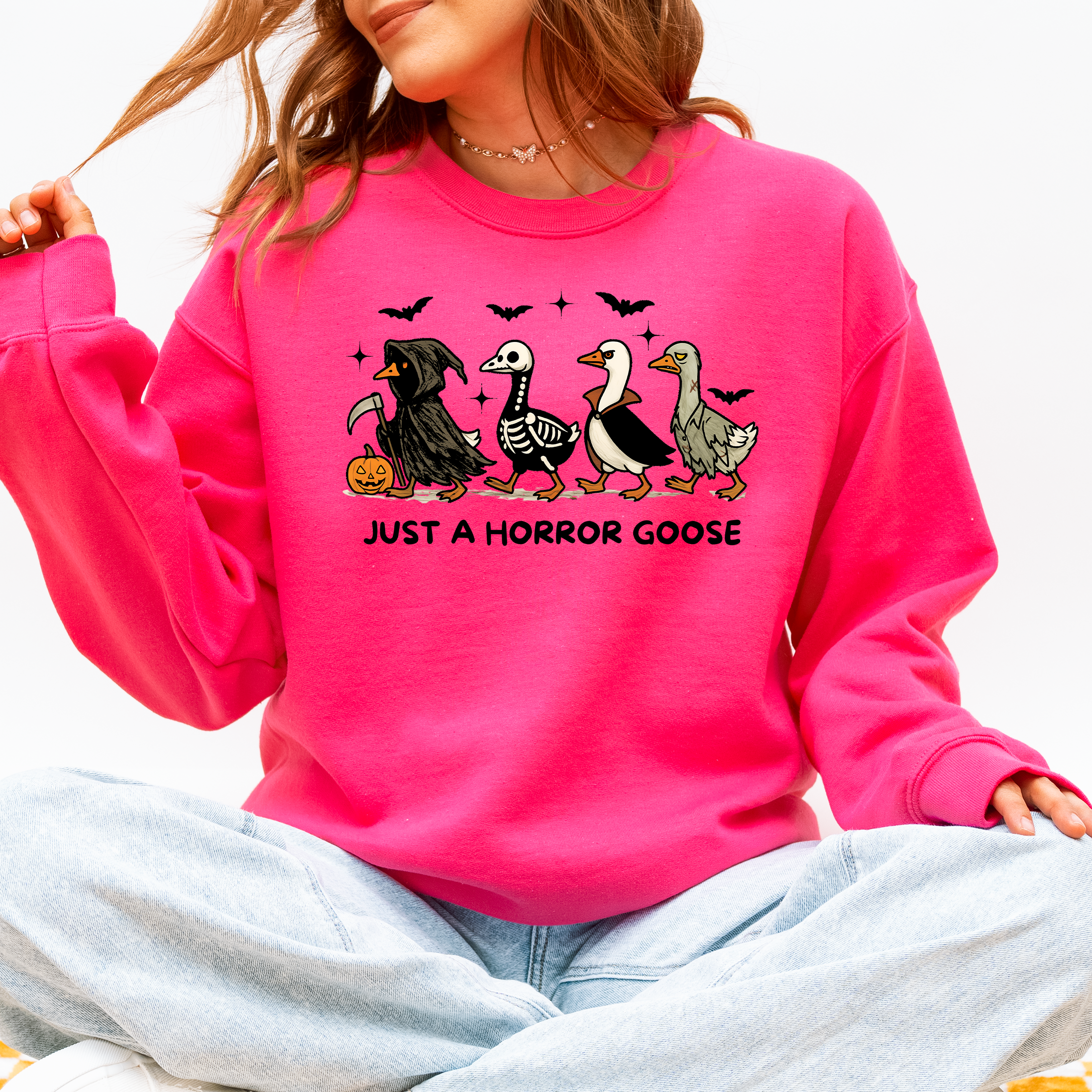 Just A Horror Goose Halloween Spooky Goose Graphic Print Cozy Seasonal Sweatshirt