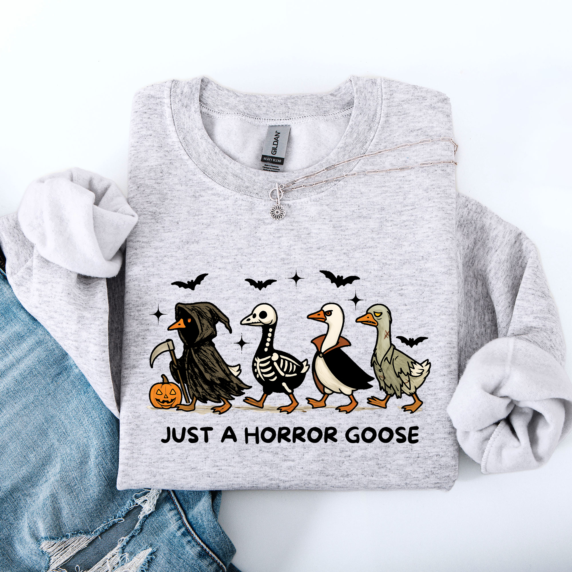 Just A Horror Goose Halloween Spooky Goose Graphic Print Cozy Seasonal Sweatshirt