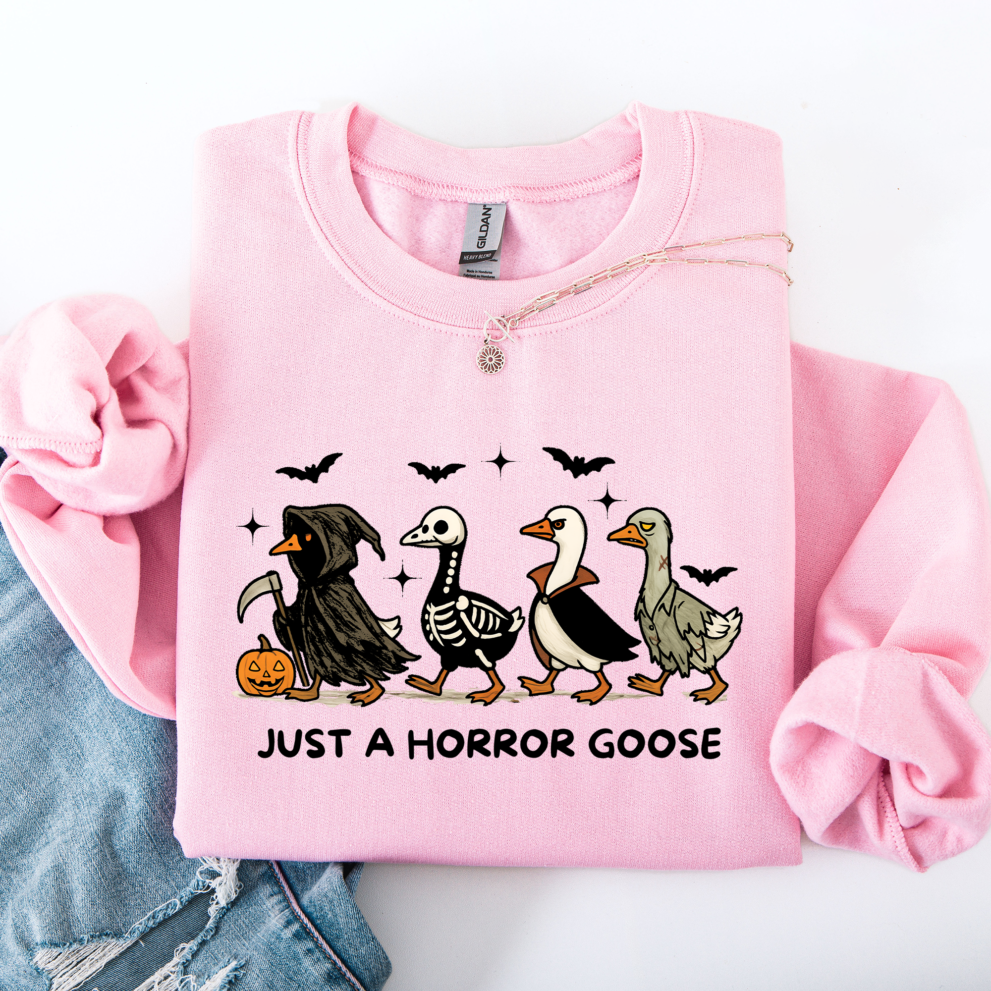 Just A Horror Goose Halloween Spooky Goose Graphic Print Cozy Seasonal Sweatshirt