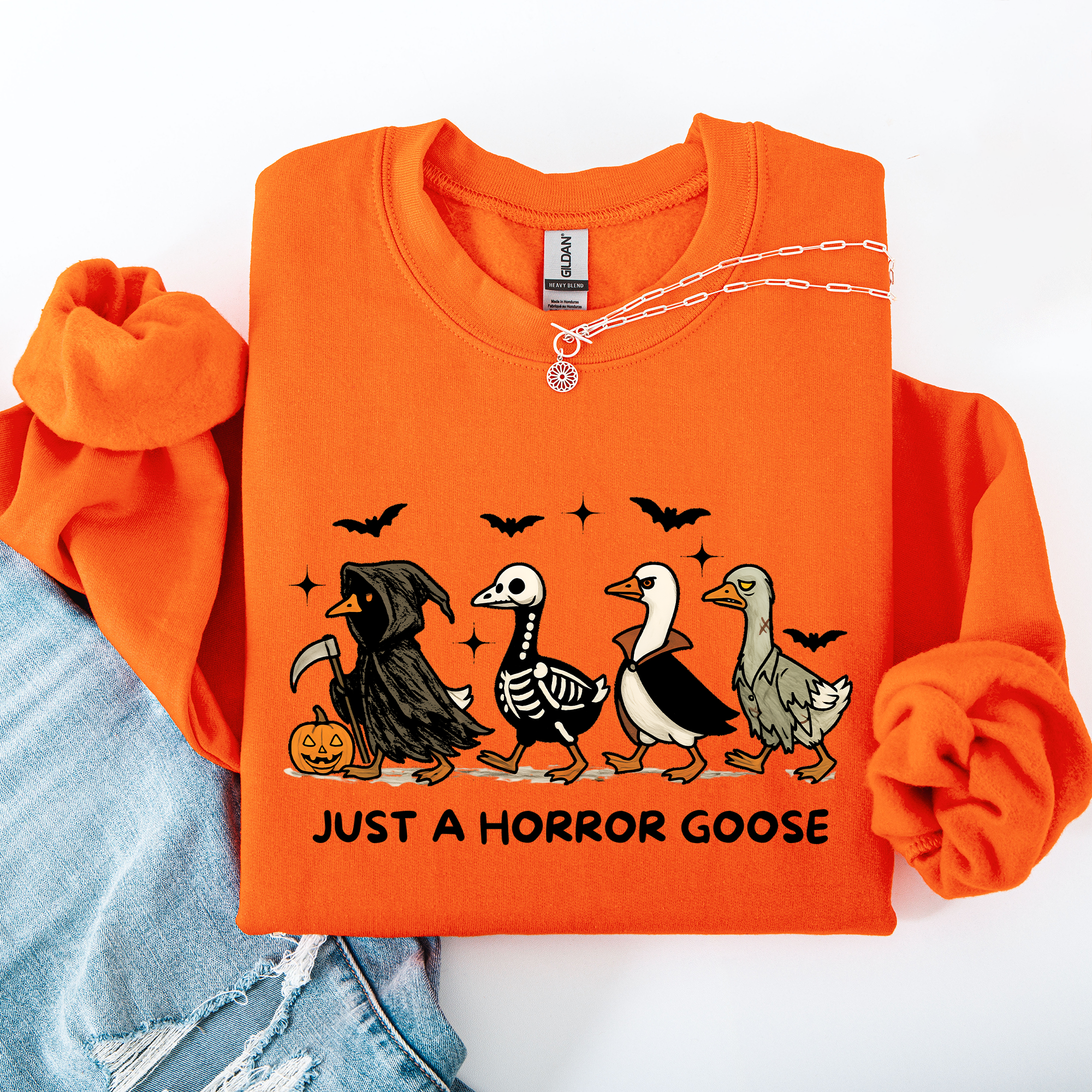Just A Horror Goose Halloween Spooky Goose Graphic Print Cozy Seasonal Sweatshirt