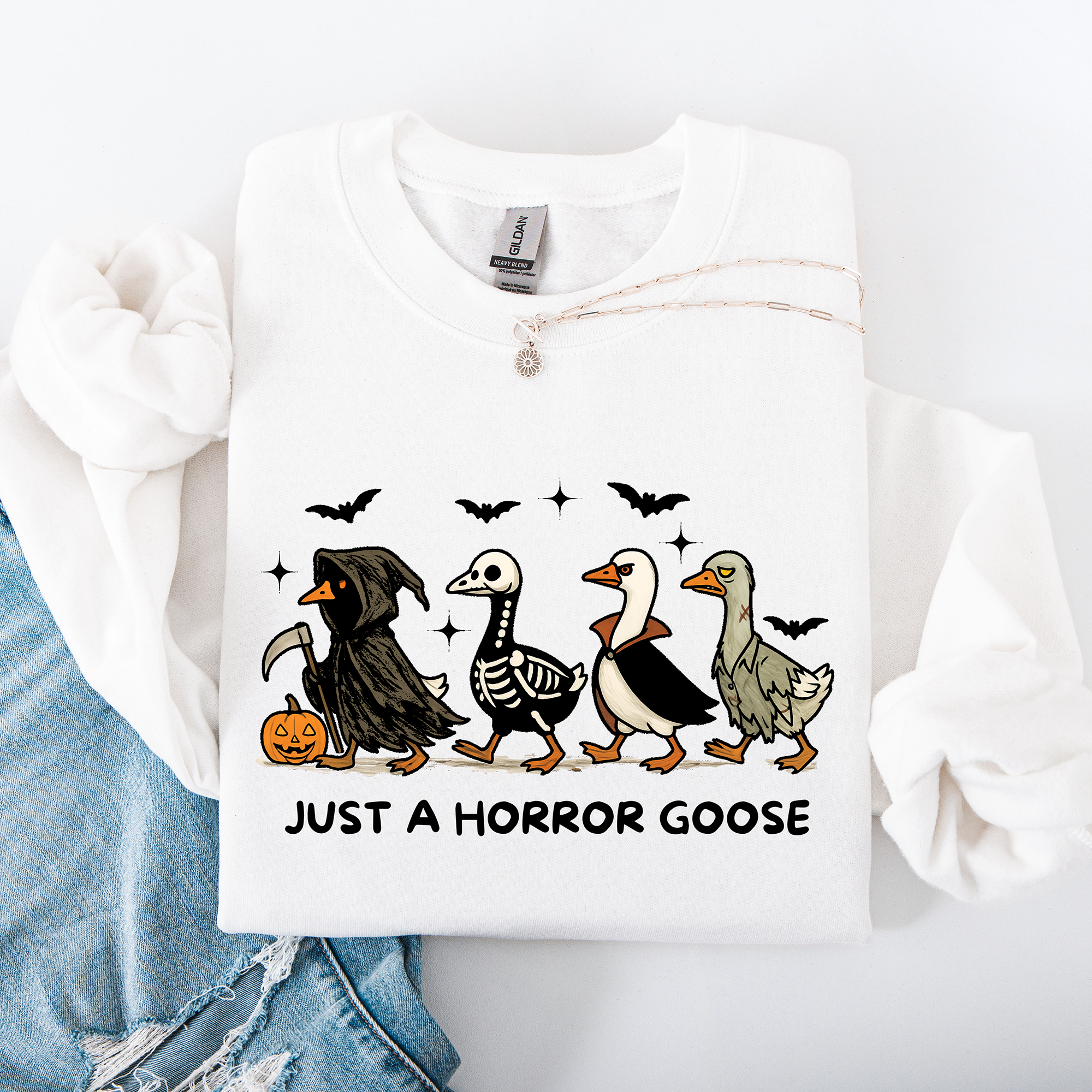 Just A Horror Goose Halloween Spooky Goose Graphic Print Cozy Seasonal Sweatshirt