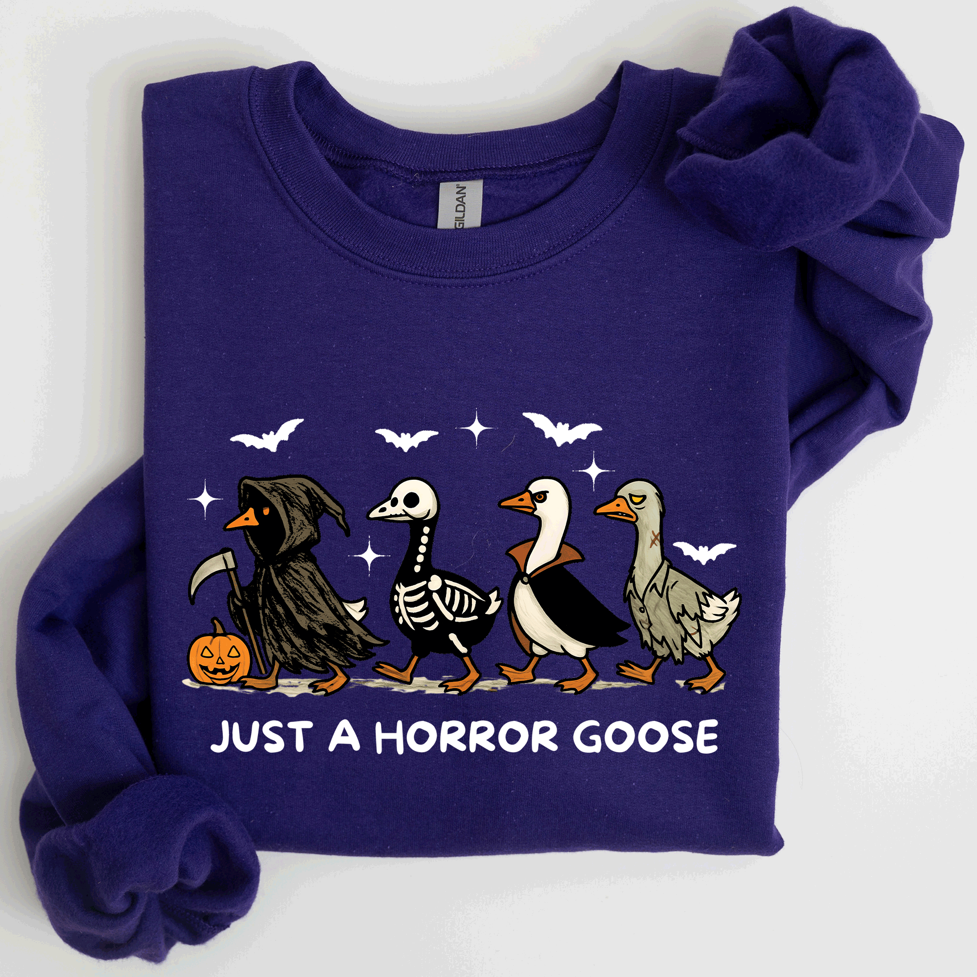 Just A Horror Goose Halloween Spooky Goose Graphic Print Cozy Seasonal Sweatshirt