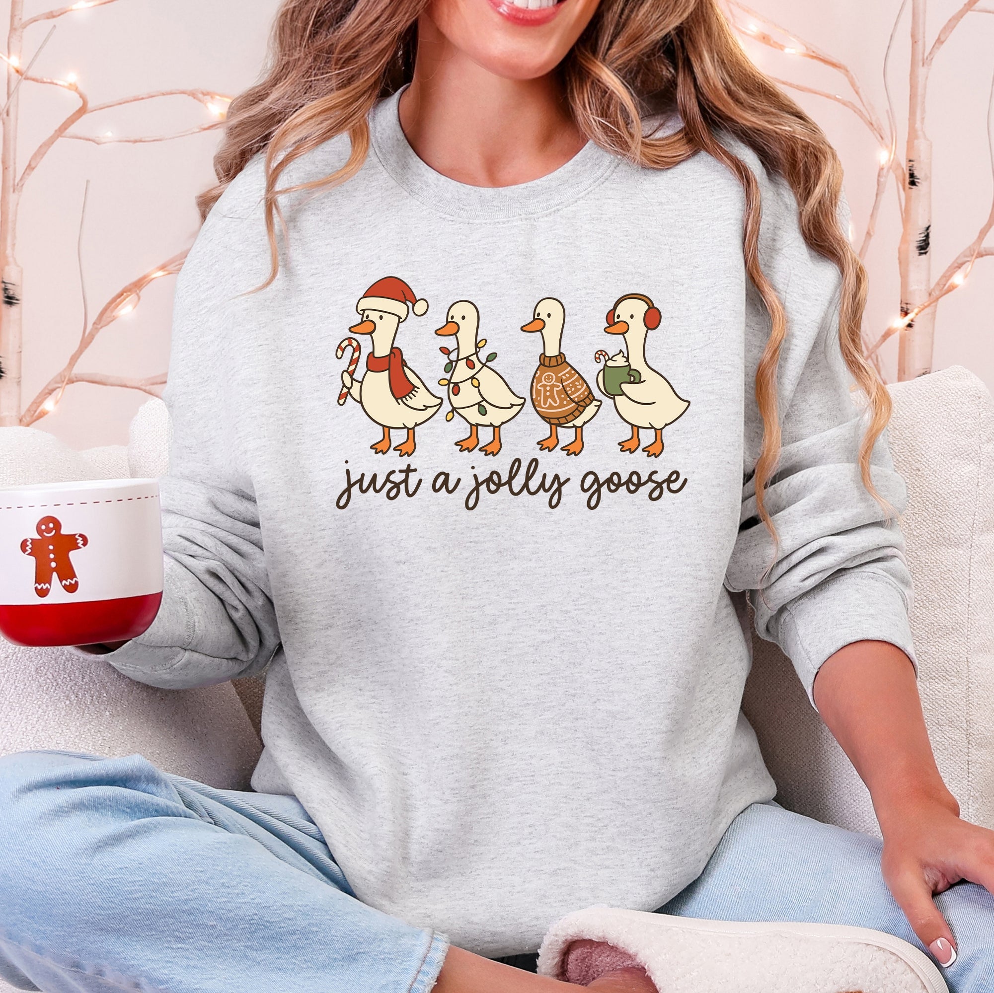Just A Jolly Goose Santa Claus Christmas Goose Holiday Cozy Vintage Festive Graphic Sweatshirt
