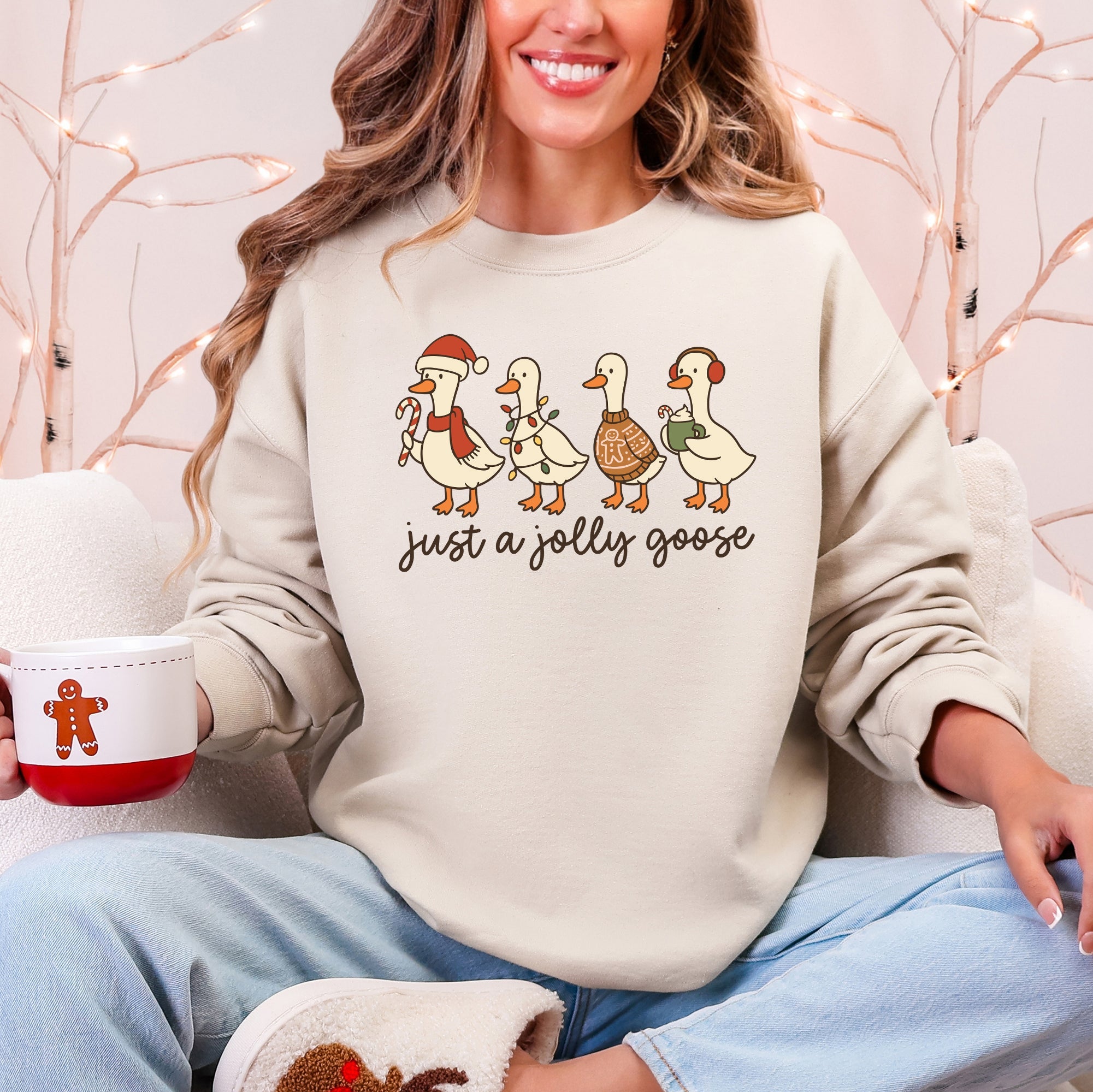 Just A Jolly Goose Santa Claus Christmas Goose Holiday Cozy Vintage Festive Graphic Sweatshirt