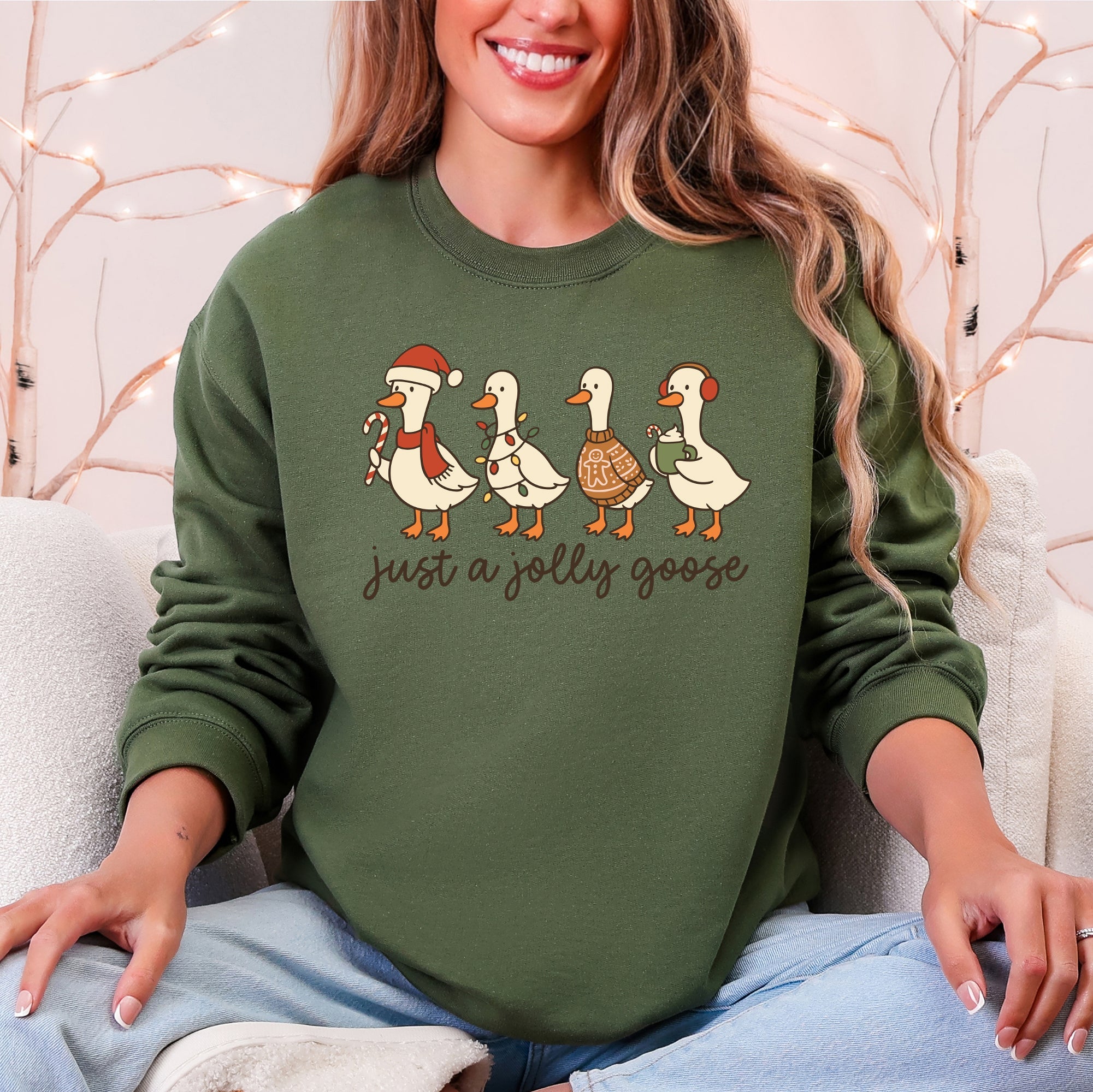 Just A Jolly Goose Santa Claus Christmas Goose Holiday Cozy Vintage Festive Graphic Sweatshirt