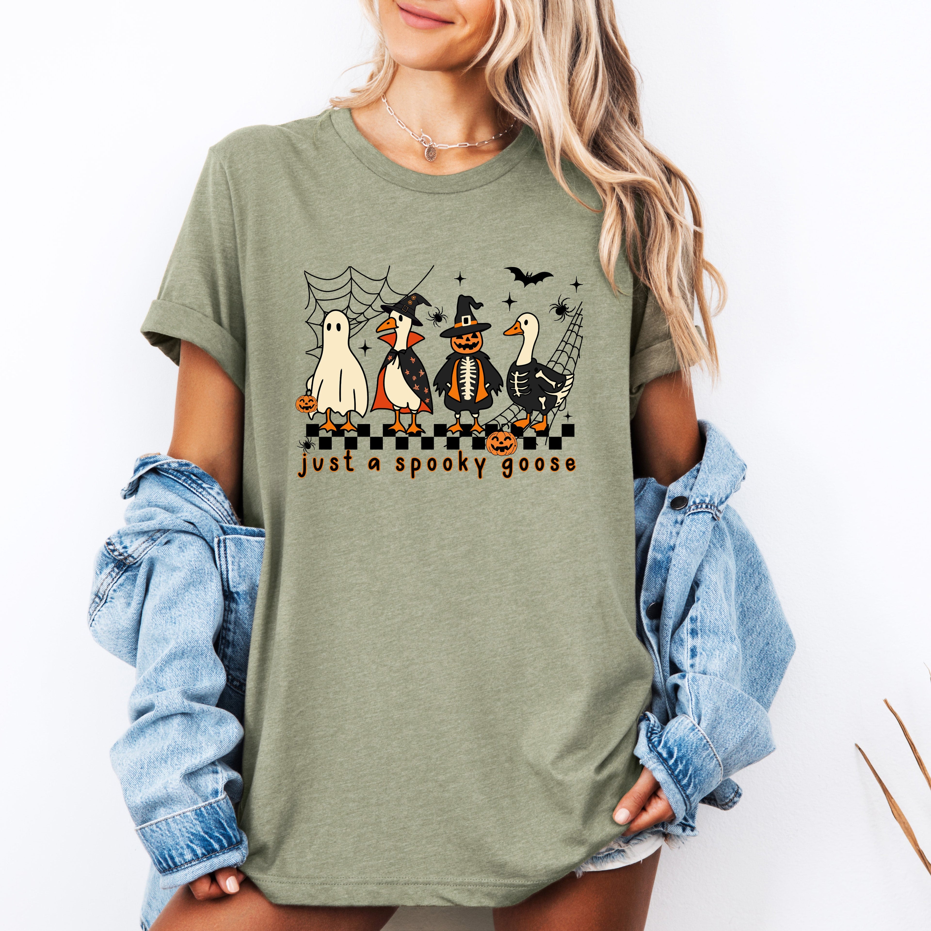 Just A Spooky Goose Checkered Halloween Spooky Fun Friendly Cute Nostalgic Graphic Tee
