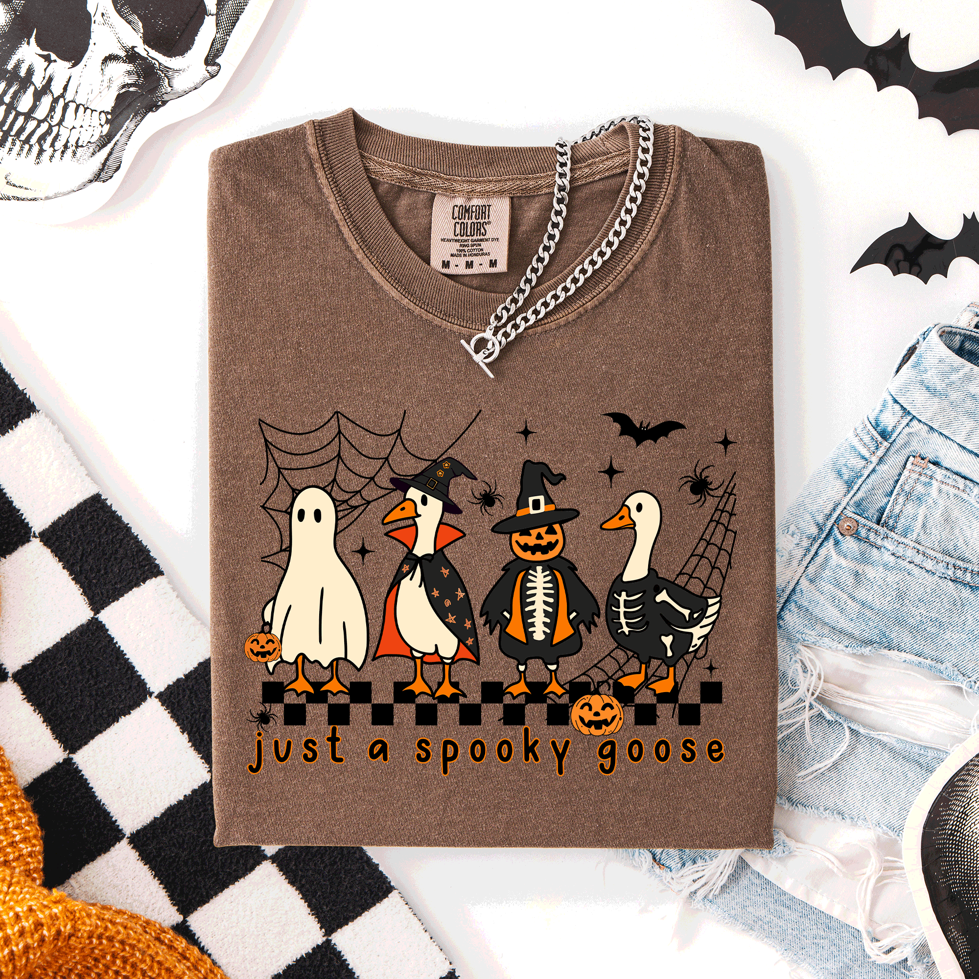Just A Spooky Goose, Checkered, Halloween Comfort Colors Tee