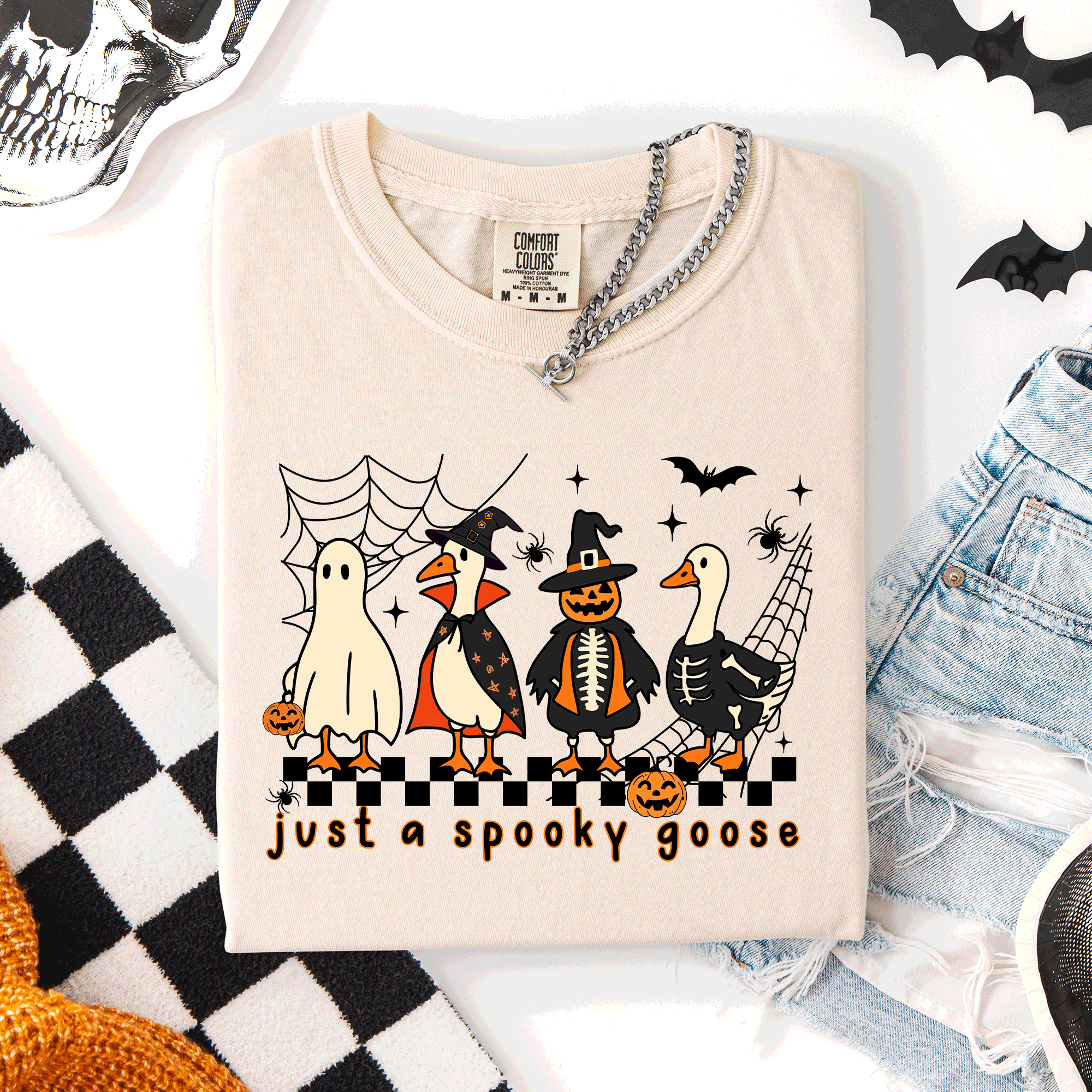 Just A Spooky Goose, Checkered, Halloween Comfort Colors Tee