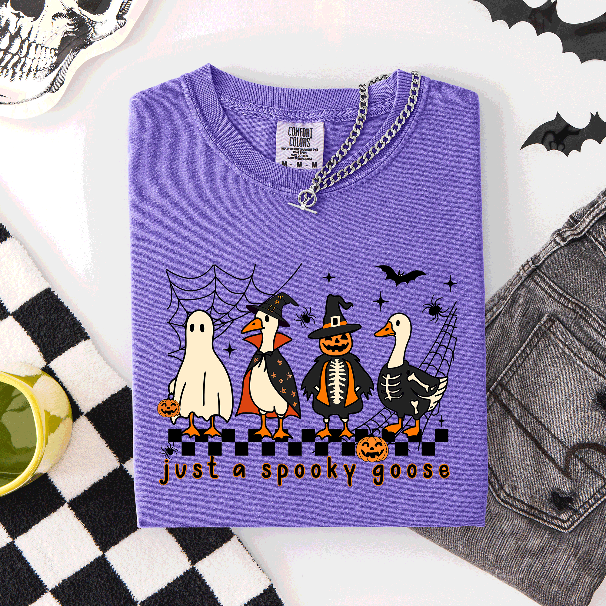 Just A Spooky Goose, Checkered, Halloween Comfort Colors Tee