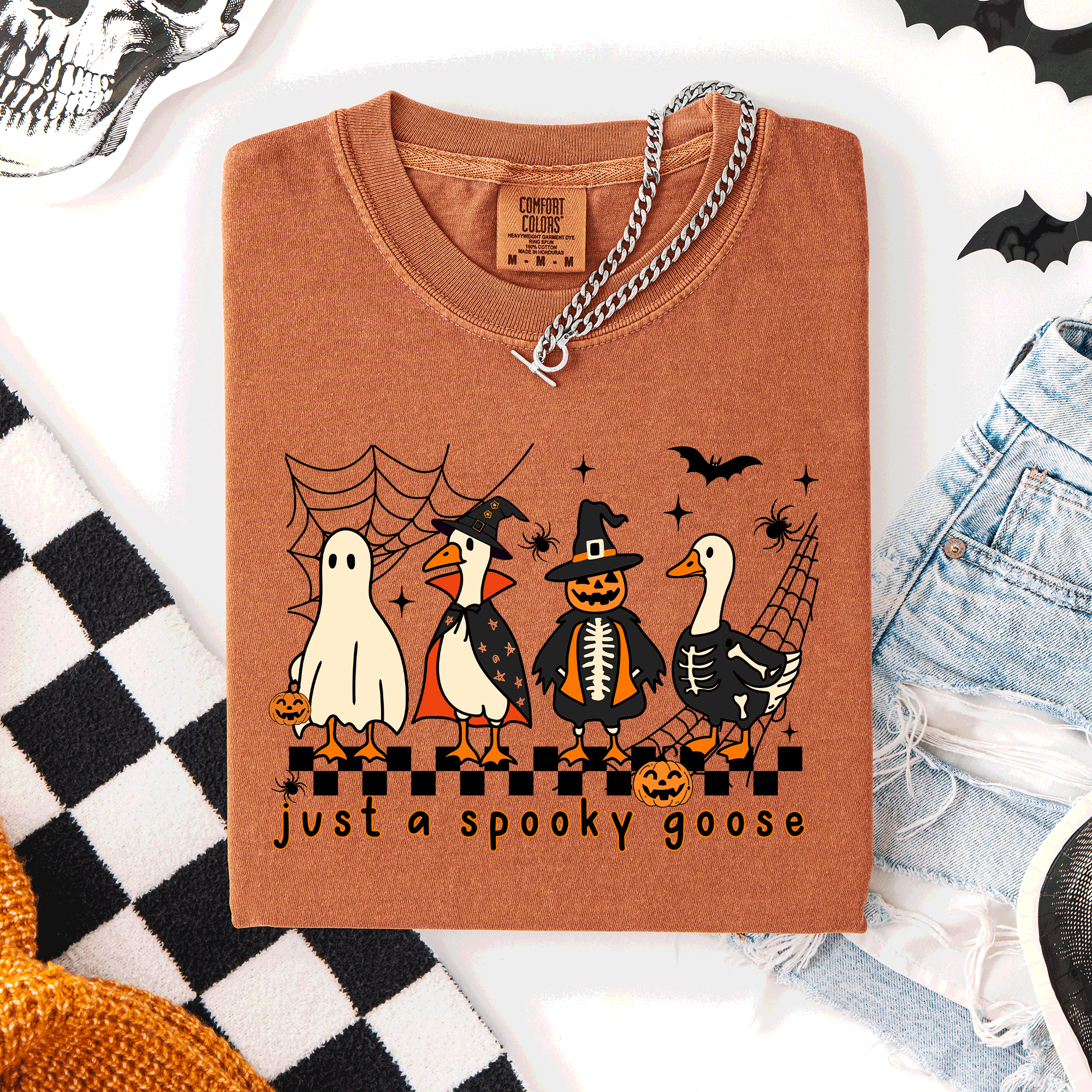 Just A Spooky Goose, Checkered, Halloween Comfort Colors Tee