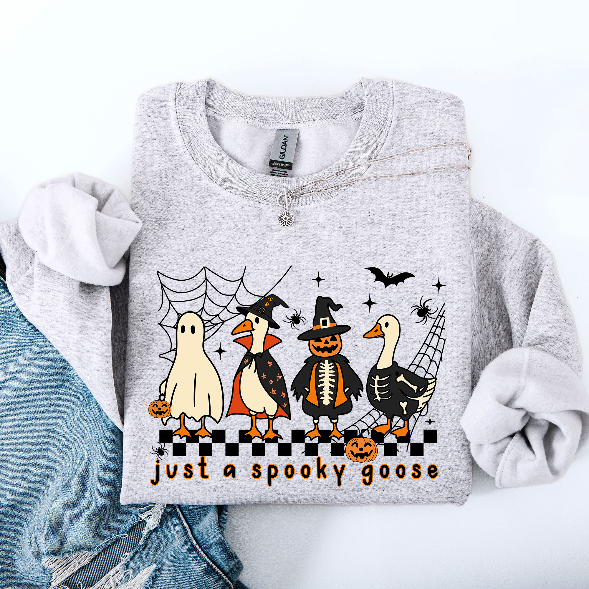 Just A Spooky Goose Checkered Halloween Design With Eerie Vibe For Cozy Fall Sweatshirt