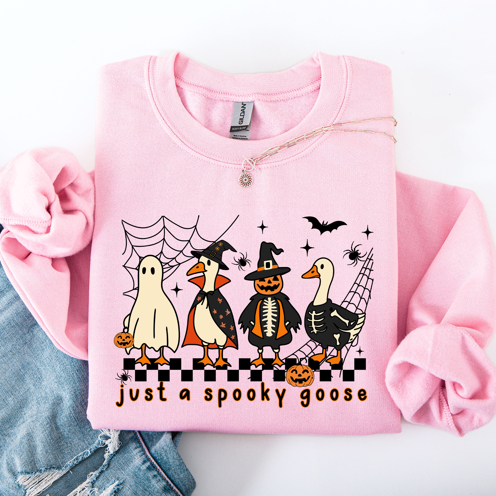 Just A Spooky Goose Checkered Halloween Design With Eerie Vibe For Cozy Fall Sweatshirt