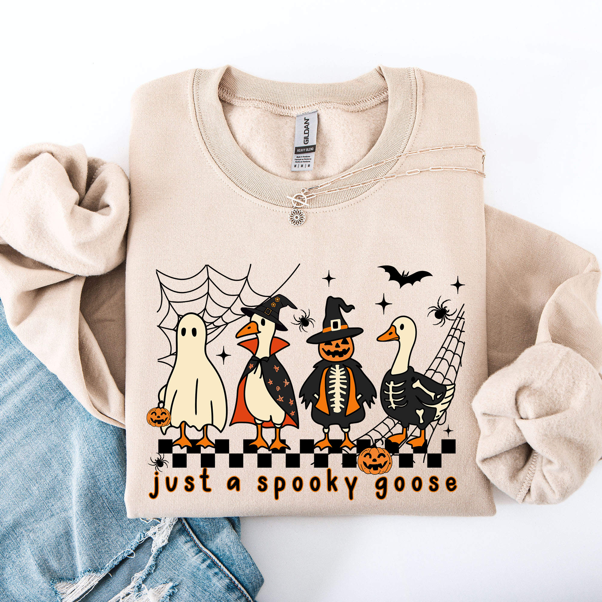 Just A Spooky Goose Checkered Halloween Design With Eerie Vibe For Cozy Fall Sweatshirt