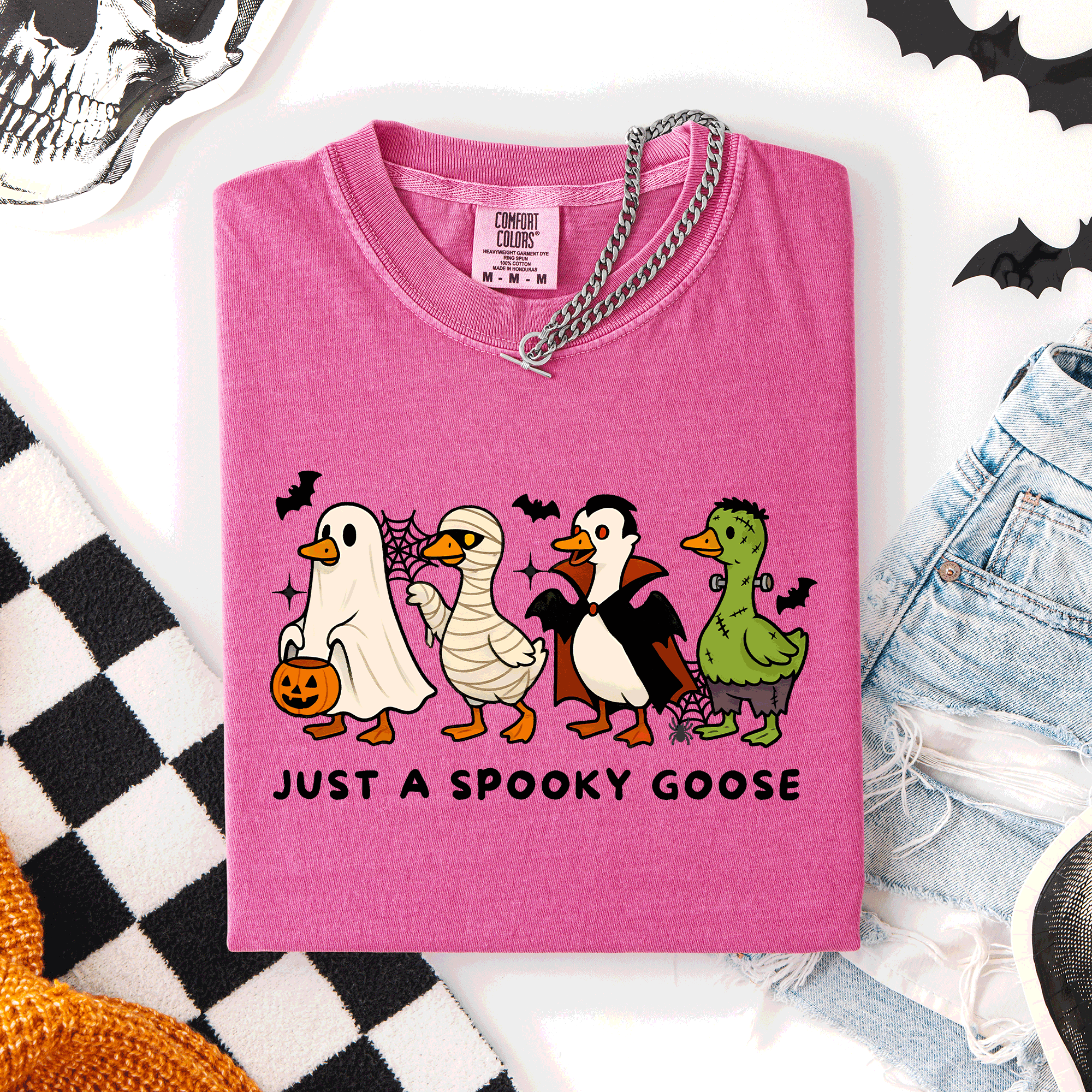 Just A Spooky Goose Comfort Colors Tee Featuring Dracula Vampire Ghost And Mummy Halloween Design