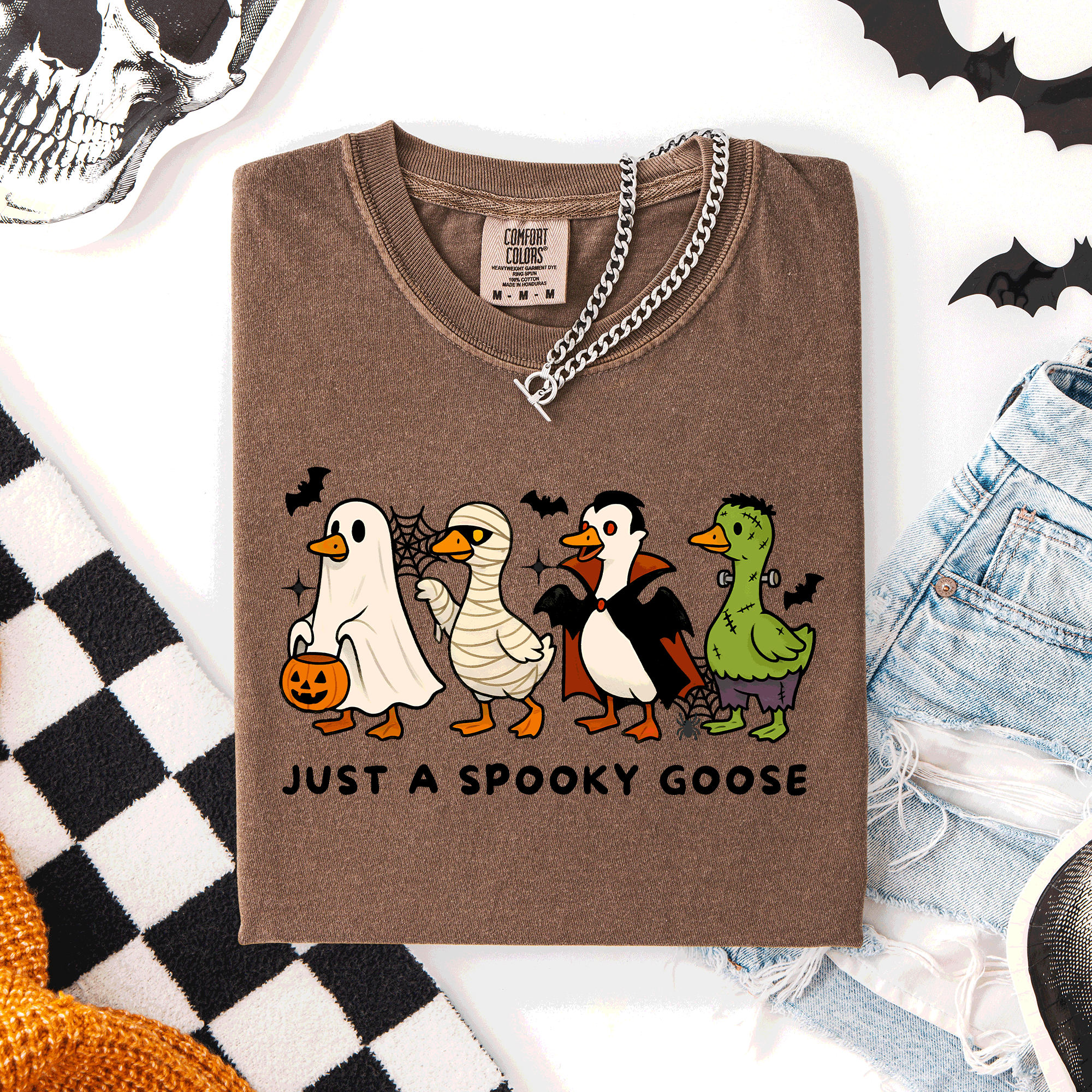Just A Spooky Goose Comfort Colors Tee Featuring Dracula Vampire Ghost And Mummy Halloween Design
