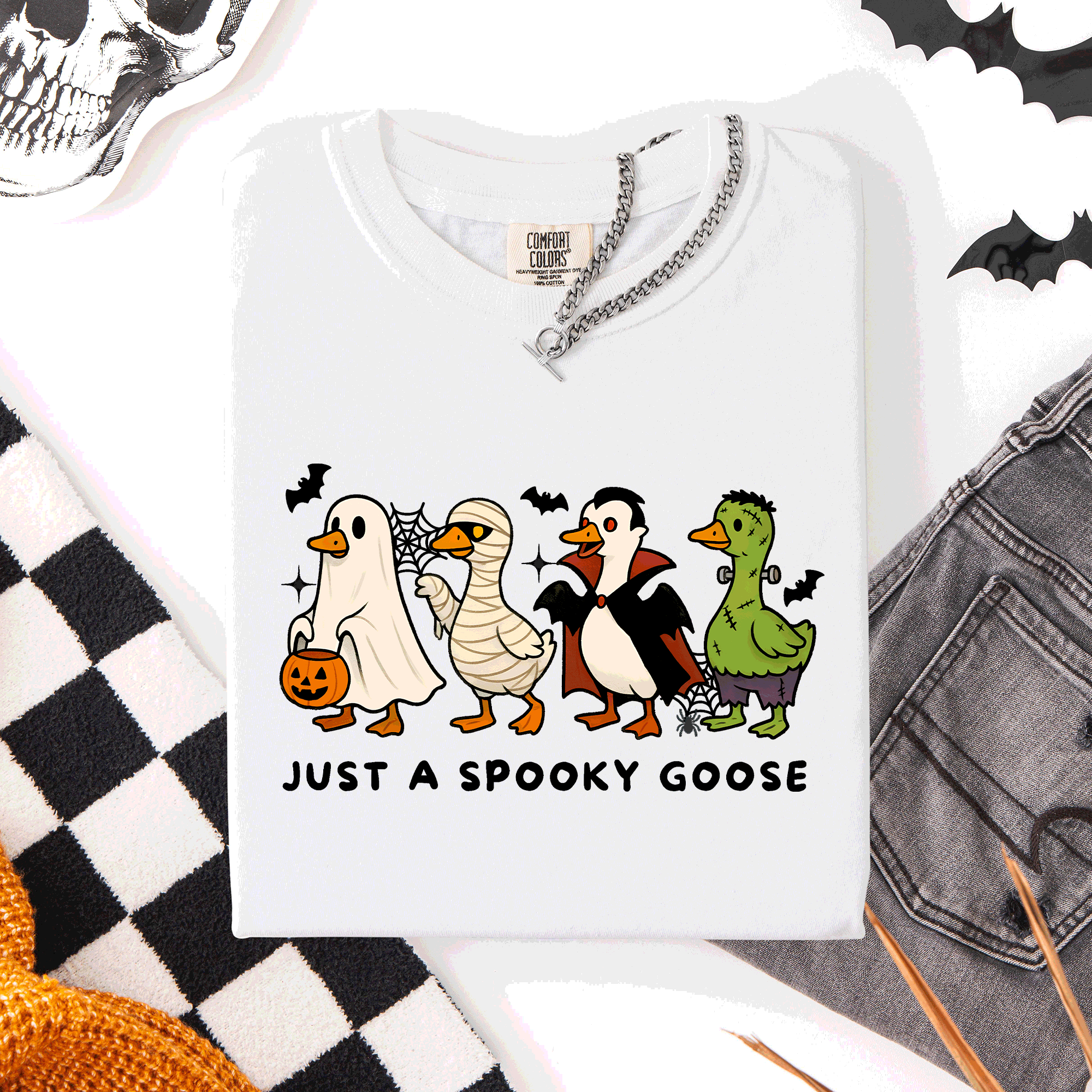 Just A Spooky Goose Comfort Colors Tee Featuring Dracula Vampire Ghost And Mummy Halloween Design
