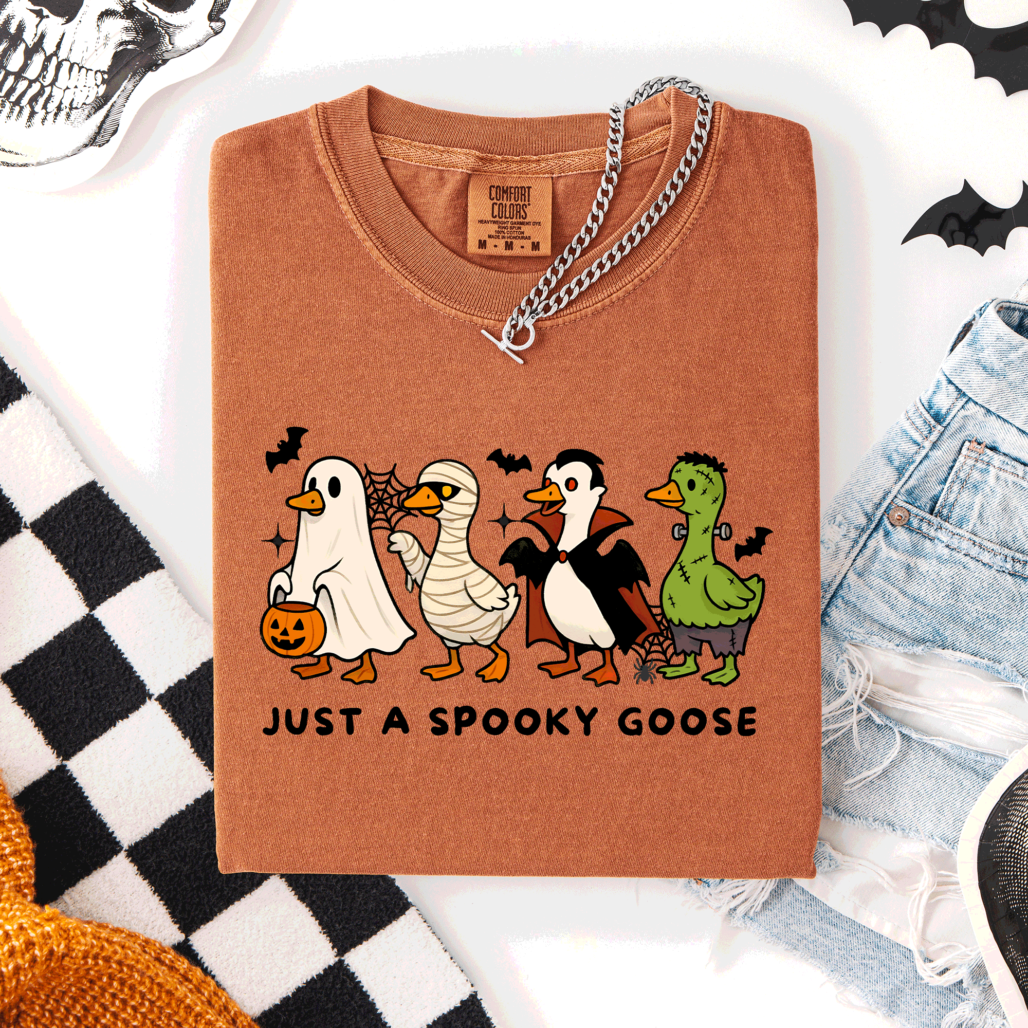 Just A Spooky Goose Comfort Colors Tee Featuring Dracula Vampire Ghost And Mummy Halloween Design