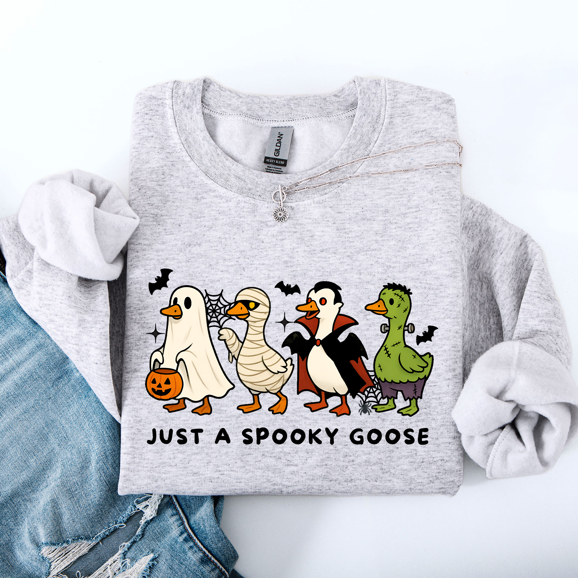 Just A Spooky Goose Dracula Vampire Ghost Mummy Halloween Themed Graphic Sweatshirt