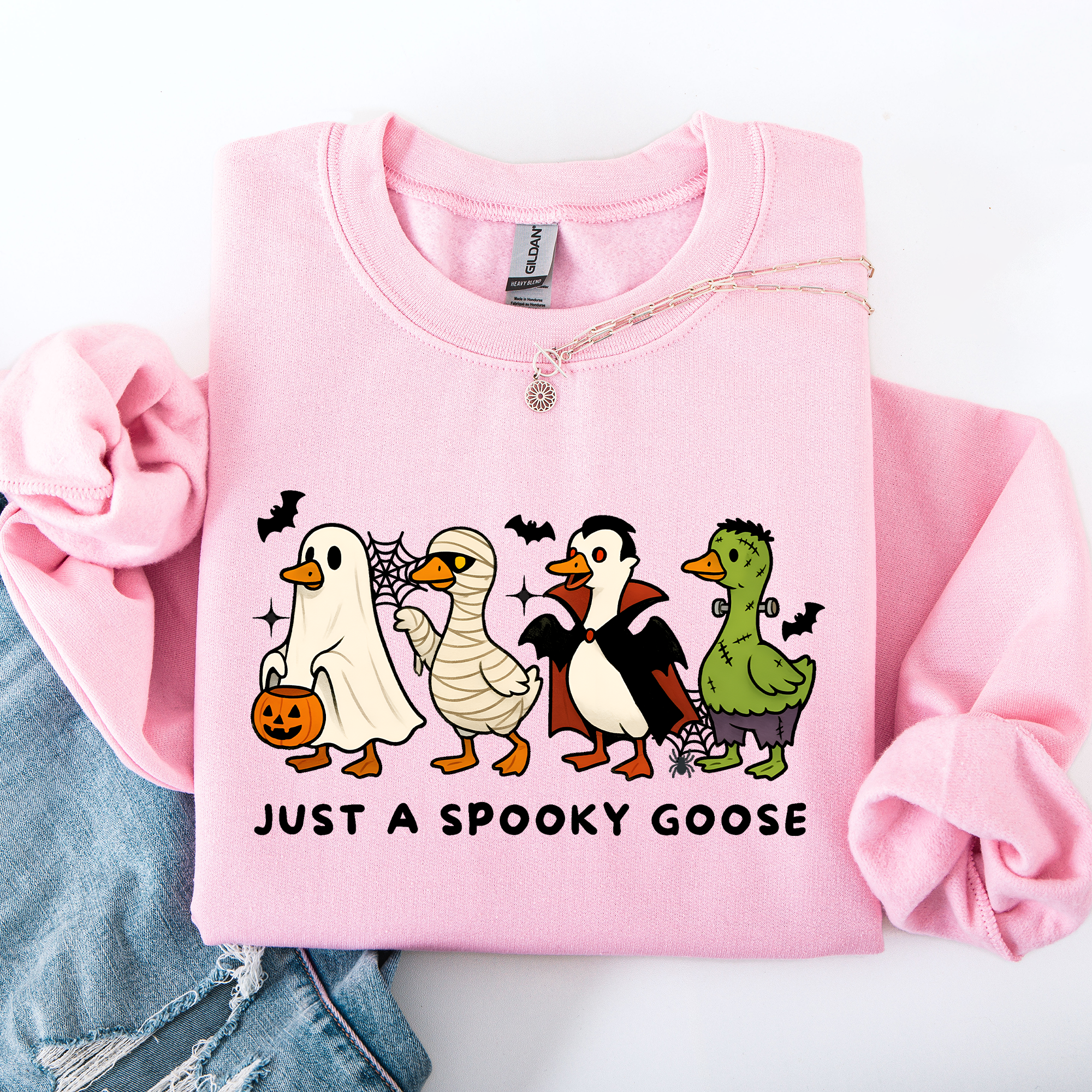 Just A Spooky Goose Dracula Vampire Ghost Mummy Halloween Themed Graphic Sweatshirt