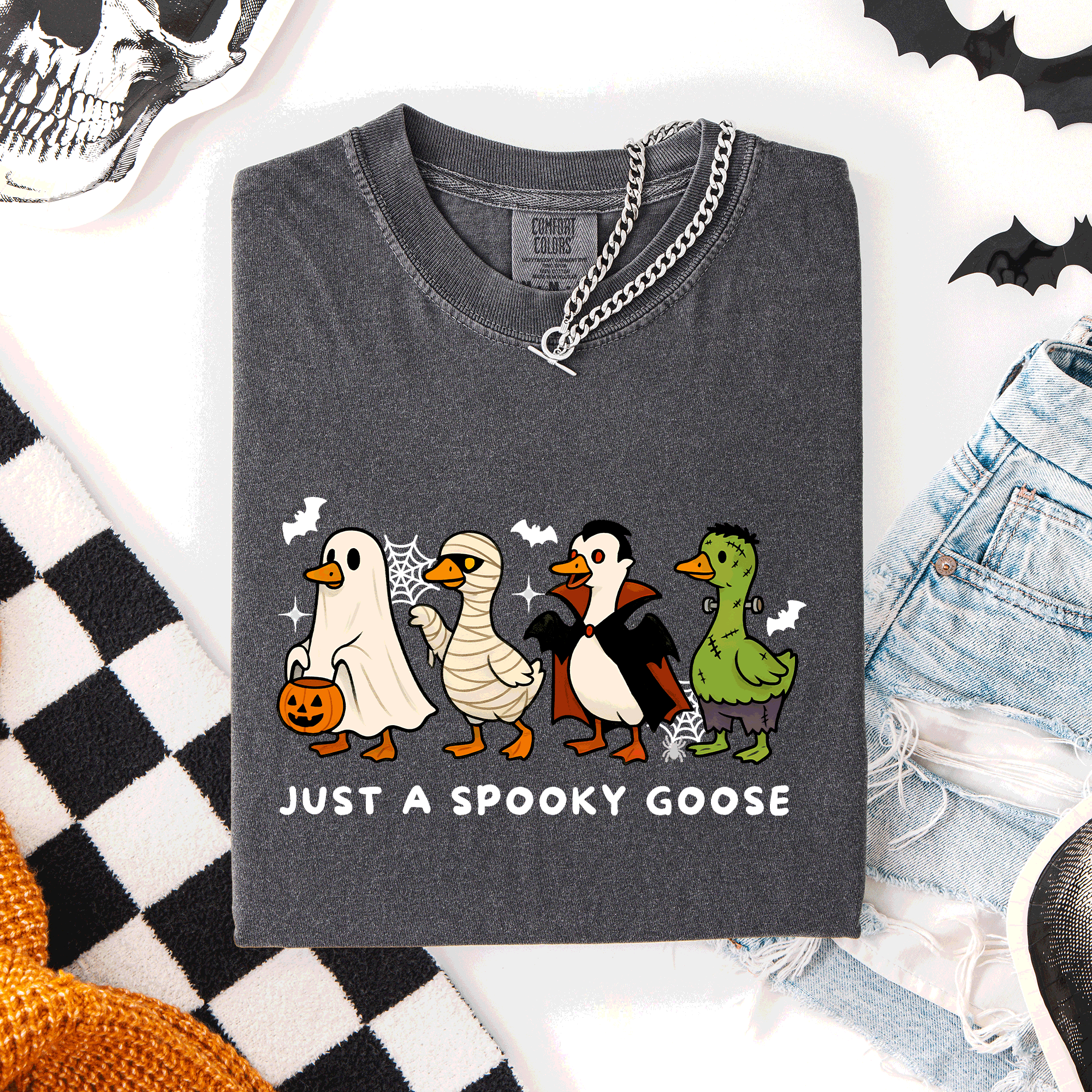 Just A Spooky Goose Comfort Colors Tee Featuring Dracula Vampire Ghost And Mummy Halloween Design