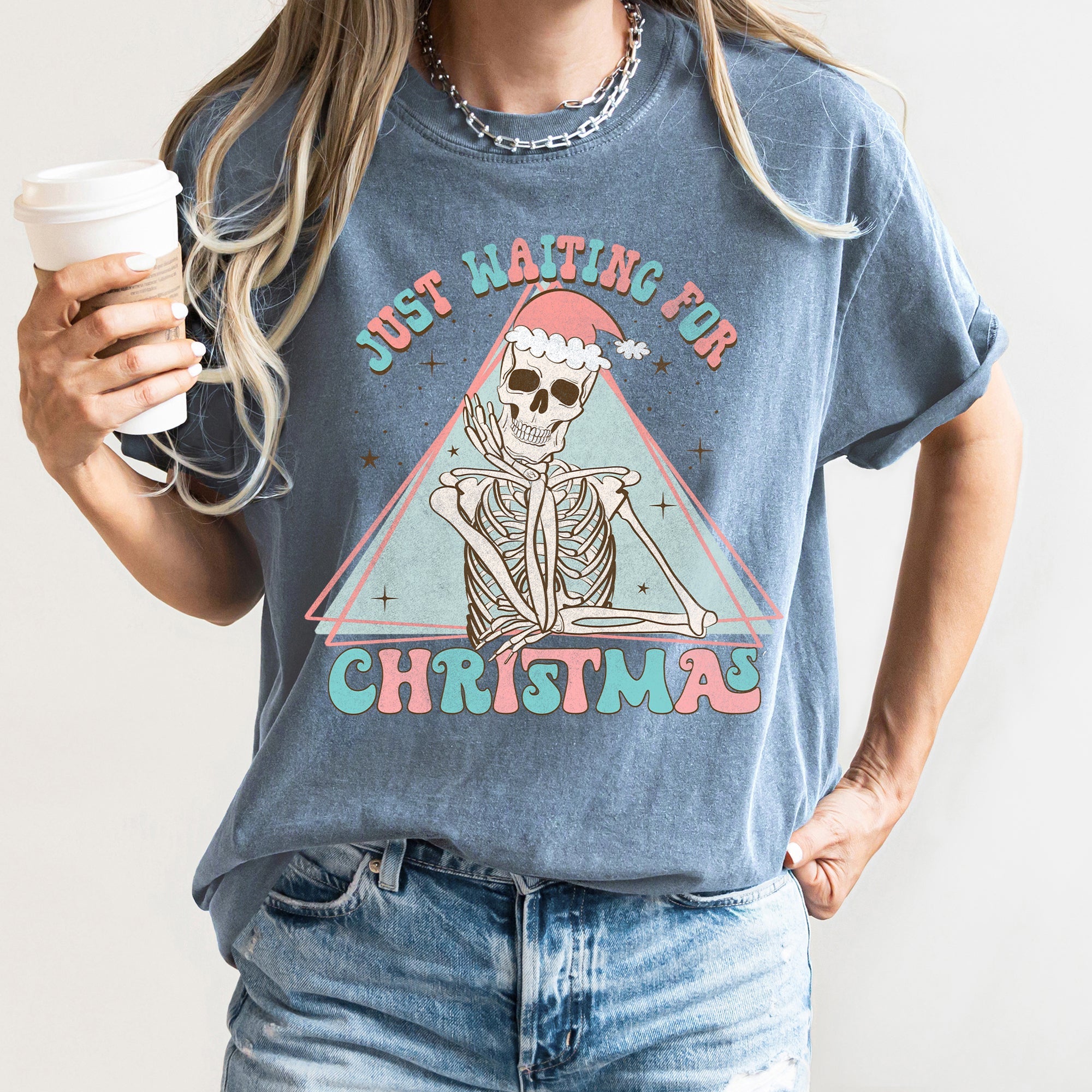 Just Waiting For Christmas Skeleton Retro Classic Graphic Artwork Comfort Colors Tee