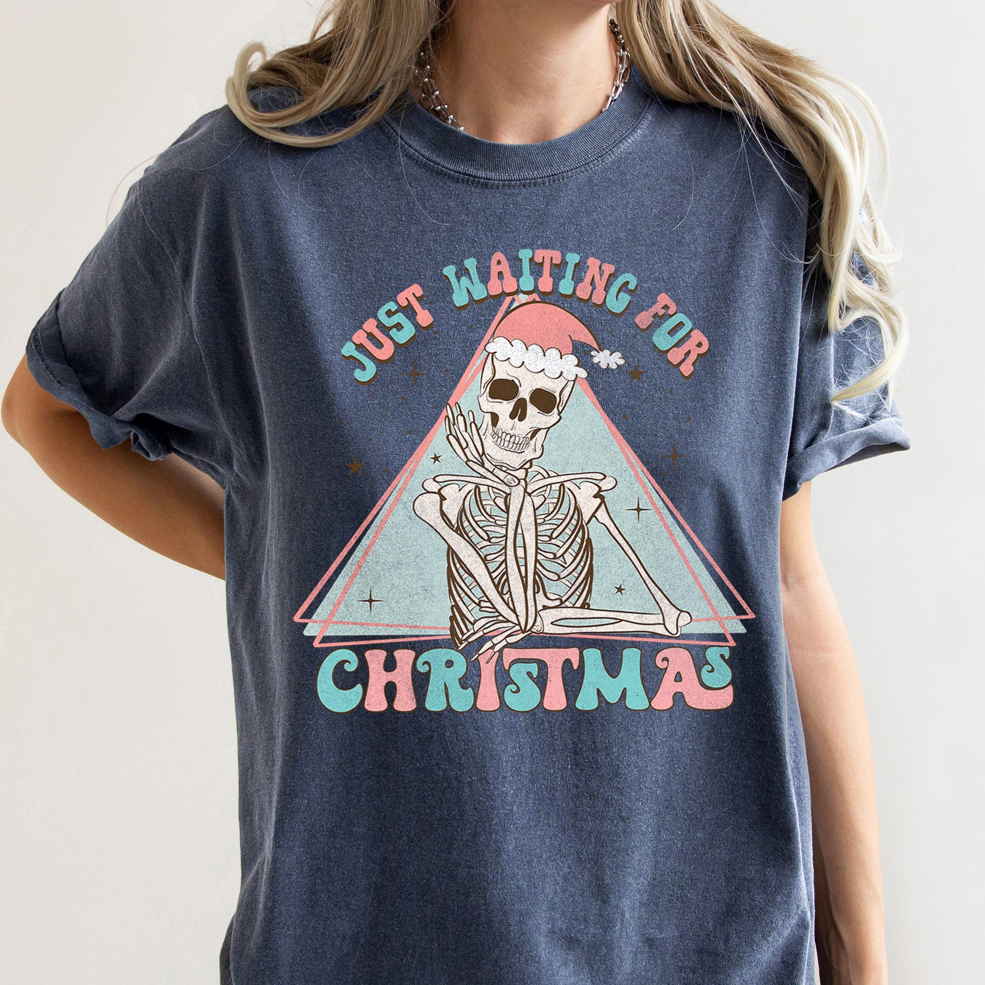 Just Waiting For Christmas Skeleton Retro Classic Graphic Artwork Comfort Colors Tee