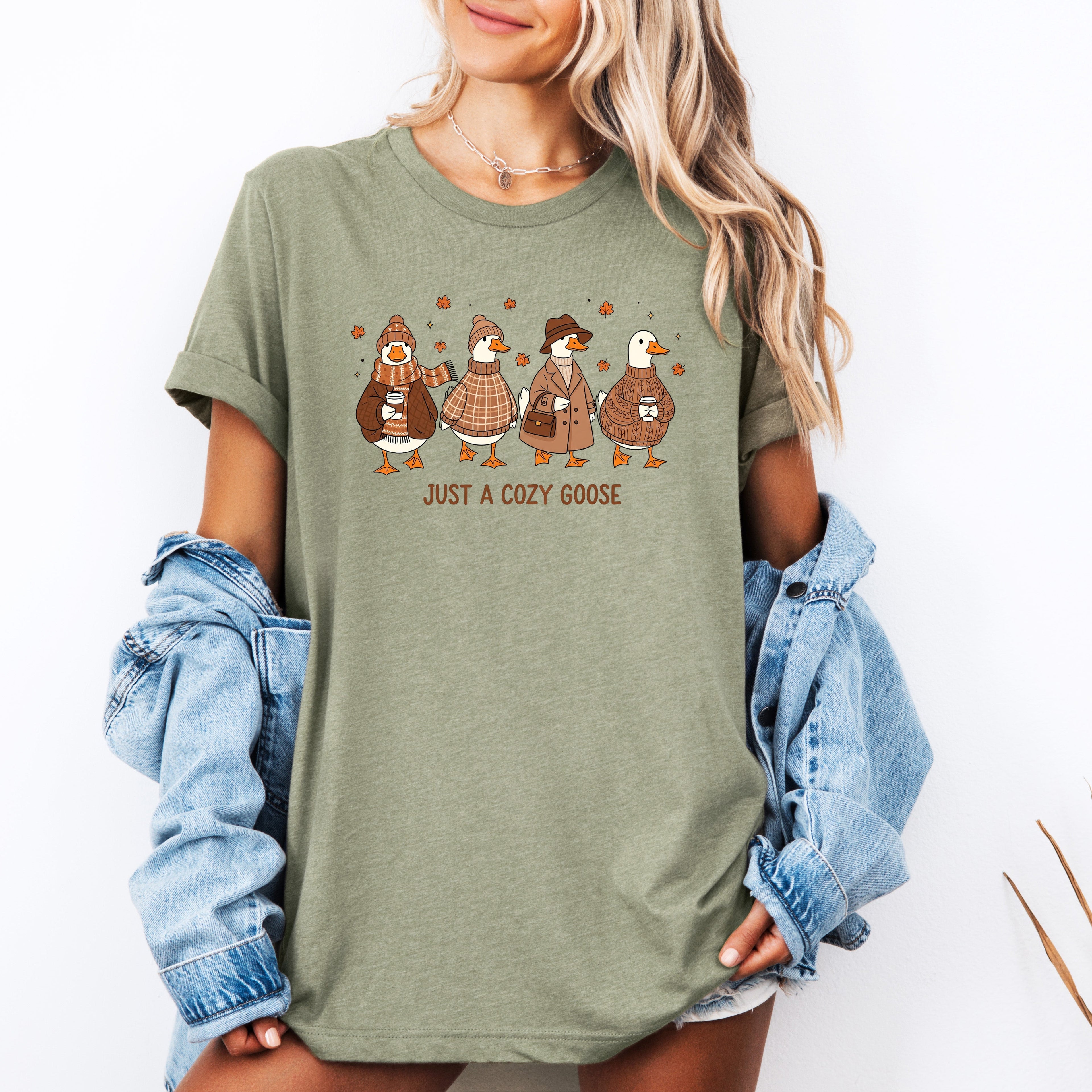 Just A Cozy Goose Autumn Pumpkin Spice Cozy Fall Farmhouse Vibes Cozy Seasonal Graphic Tee
