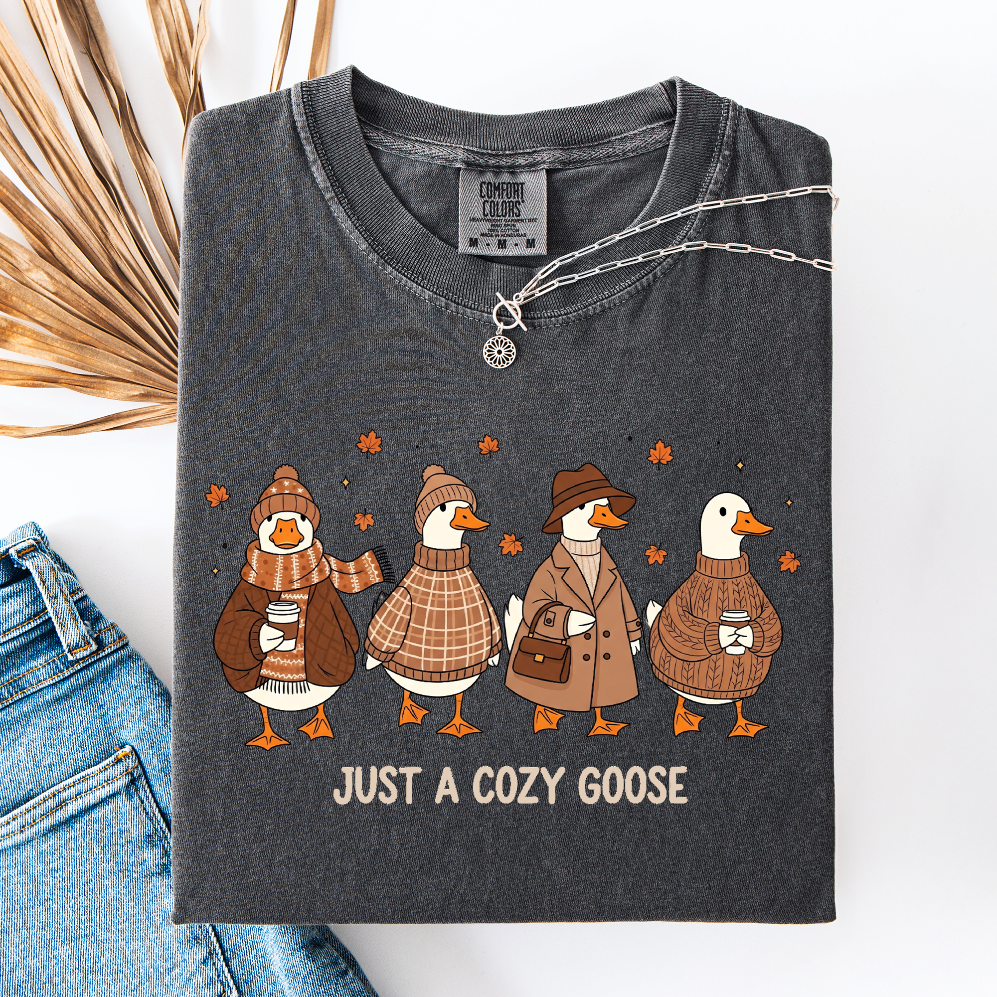 Just A Cozy Goose Autumn Goose Watercolor Bouquet With Jack O Lantern Motifs Comfort Colors Tee