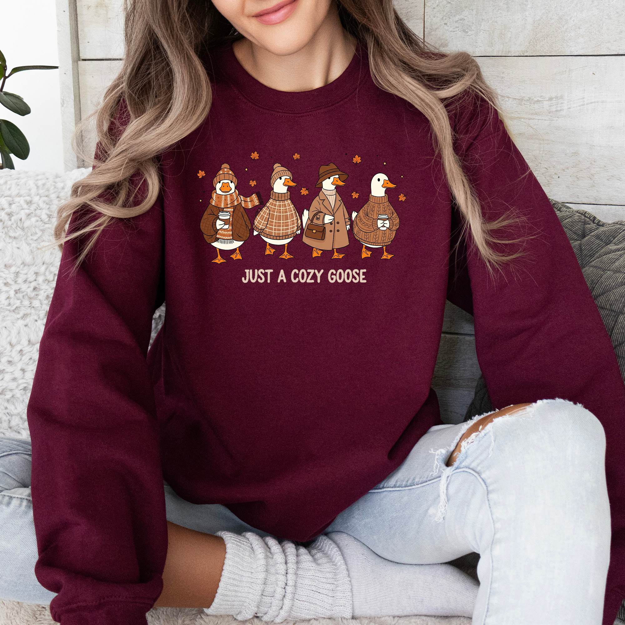 Just a Cozy Goose, Autumn Goose Floral Pumpkin Spice Autumn Comfort Edition Sweatshirt