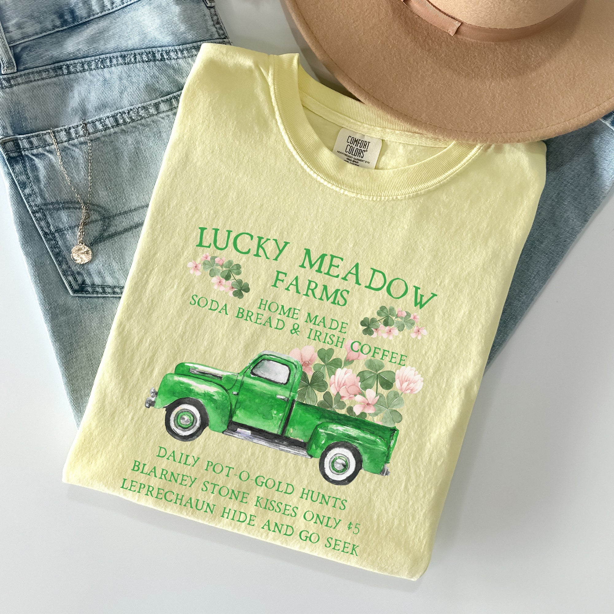 Lucky Meadow Farms Shamrock St Patrick's Day Vintage Crest Edition Comfort Colors Tee