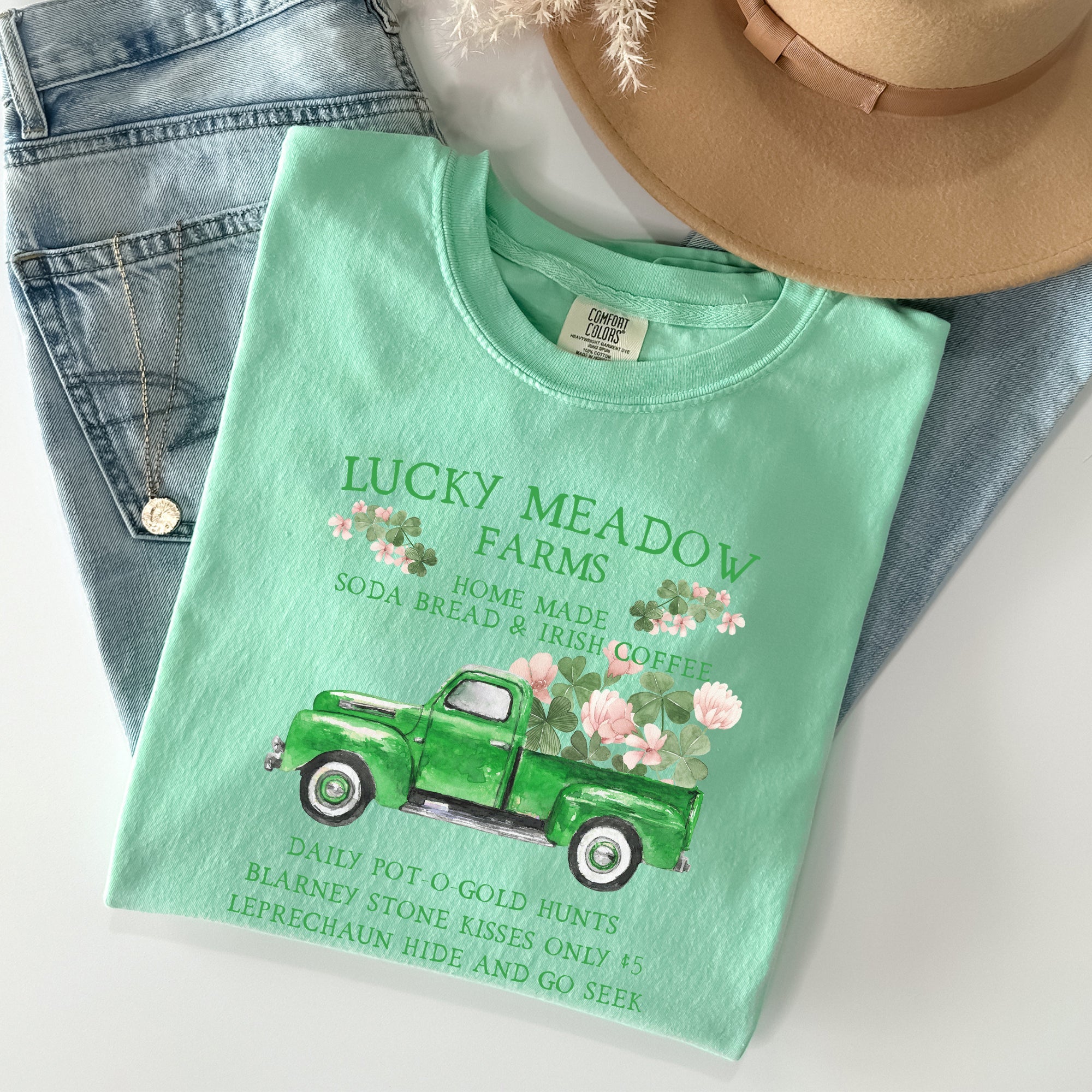 Lucky Meadow Farms Shamrock St Patrick's Day Vintage Crest Edition Comfort Colors Tee