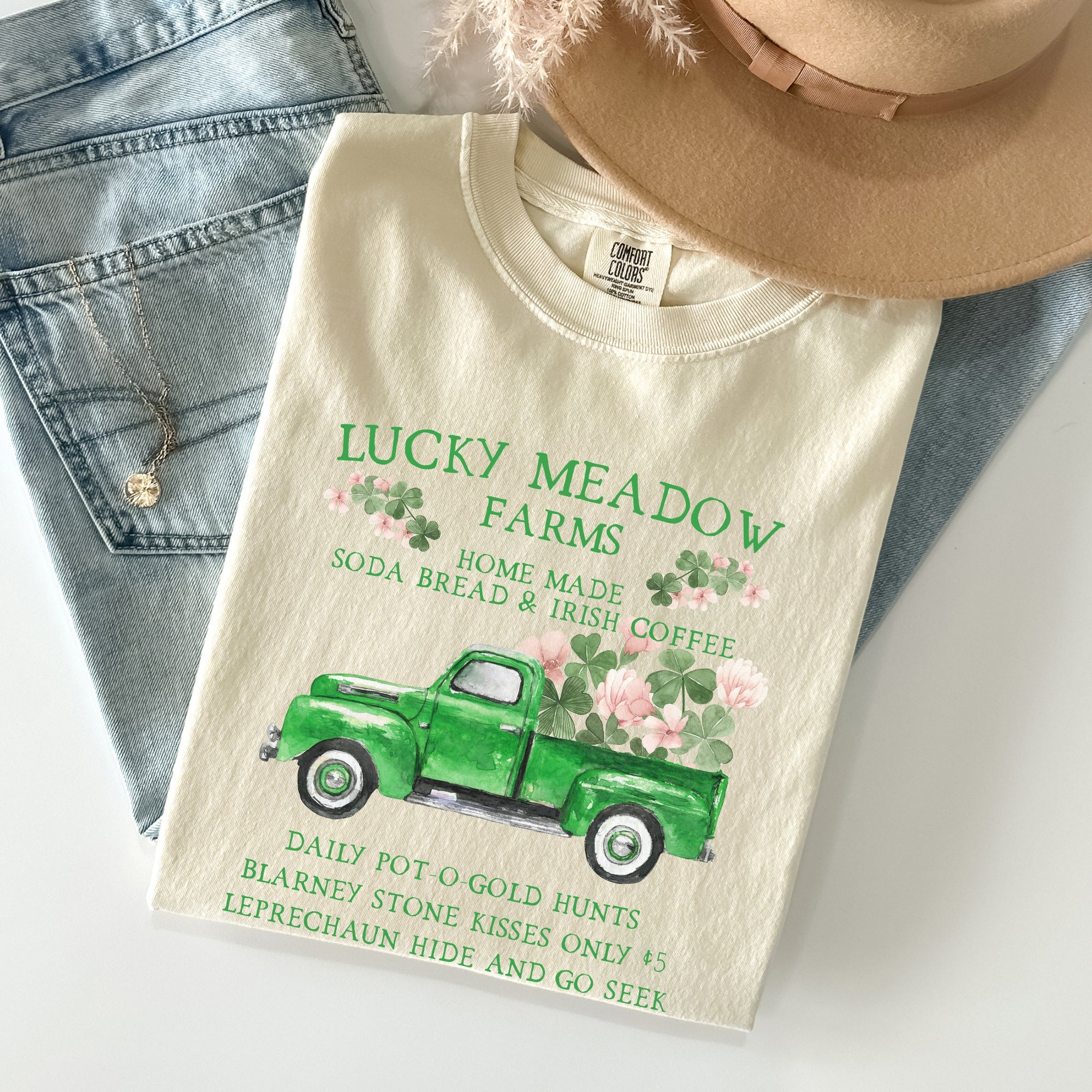 Lucky Meadow Farms Shamrock St Patrick's Day Vintage Crest Edition Comfort Colors Tee