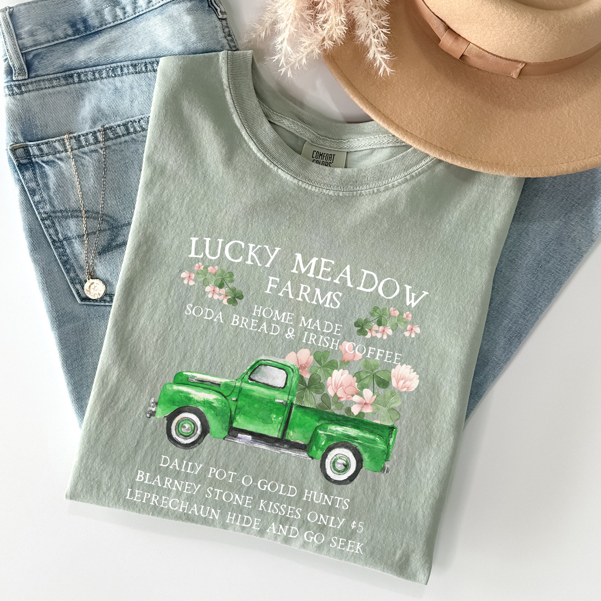 Lucky Meadow Farms Shamrock St Patrick's Day Vintage Crest Edition Comfort Colors Tee